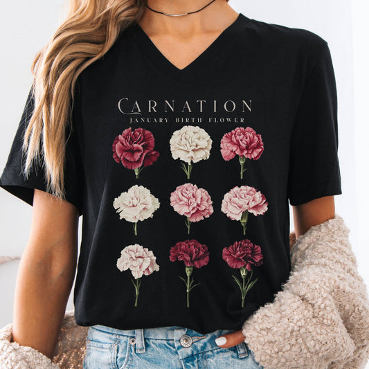 V-neck Black / S Carnation January Birth Month Flower V-Neck Tee The Mystic Eden