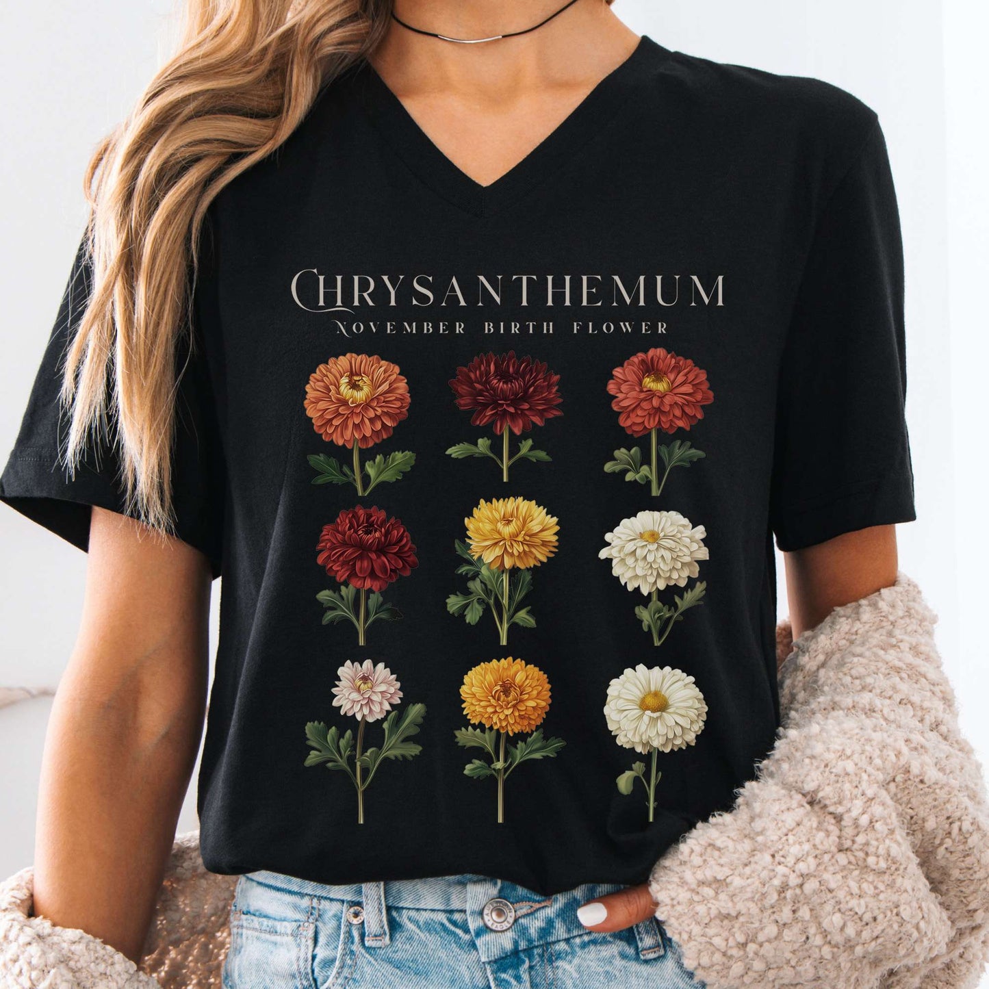 V-neck Black / S Chrysanthemum November Birth Month Flower V-Neck Tee The Mystic Eden