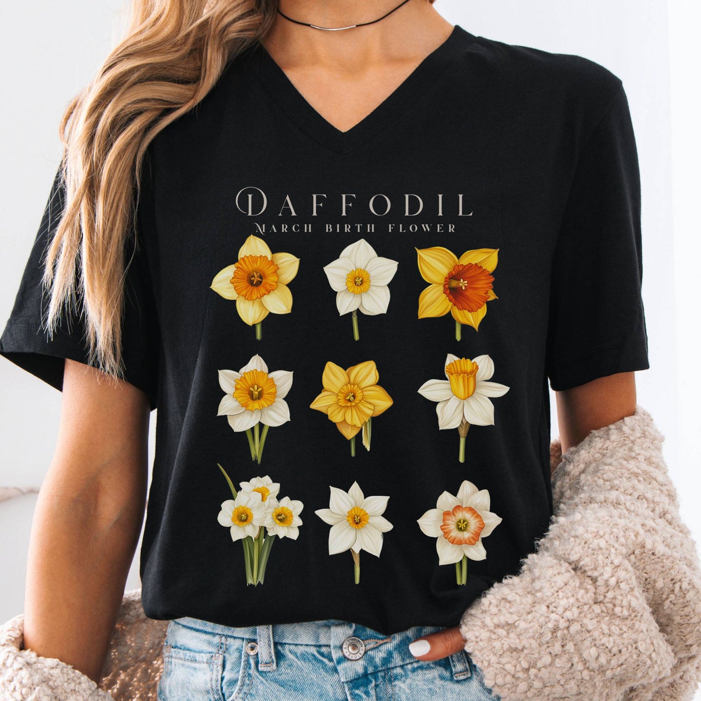 V-neck Black / S Daffodil March Birth Month Flower V-Neck Tee The Mystic Eden