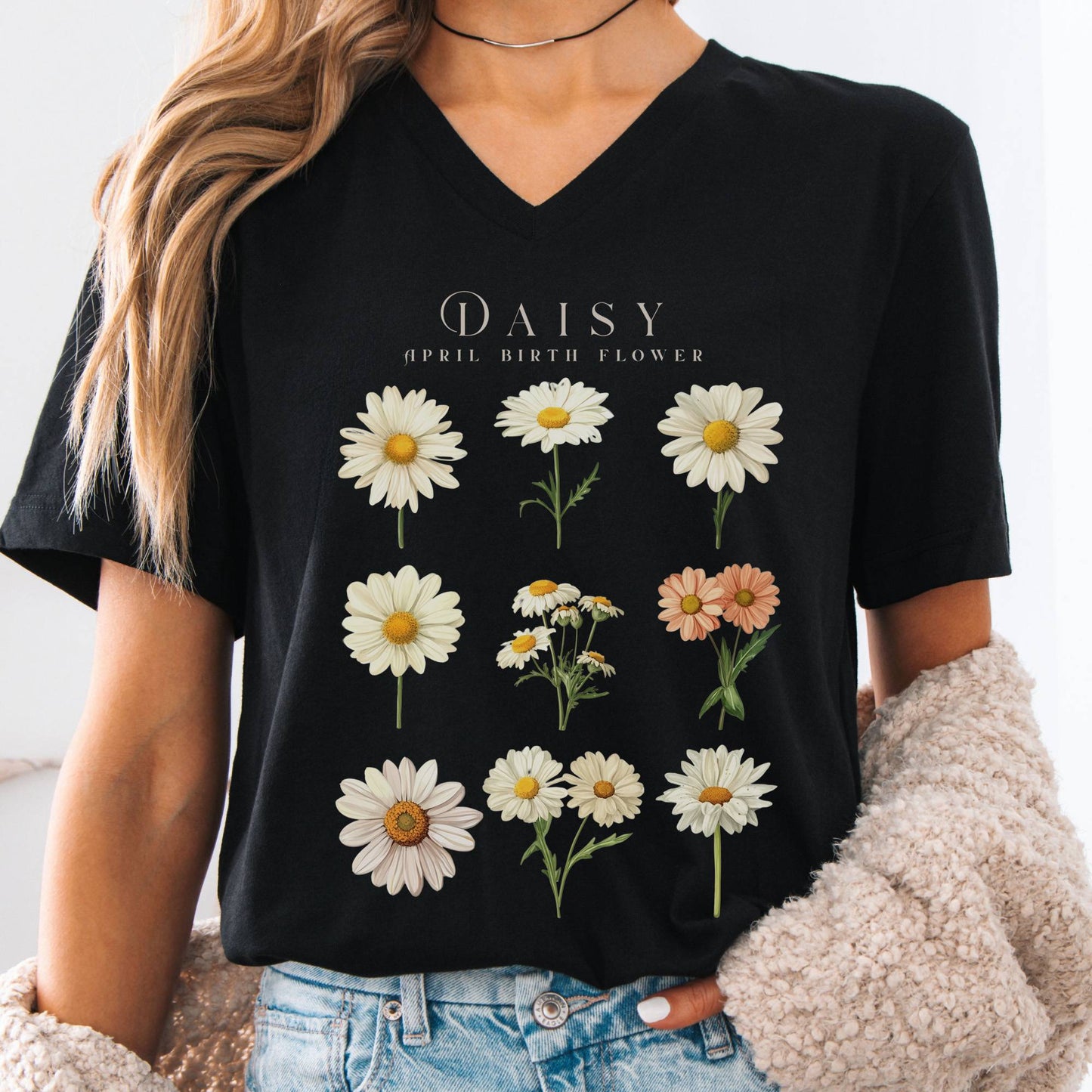 V-neck Black / S Daisy April Birth Month Flower V-Neck Tee The Mystic Eden