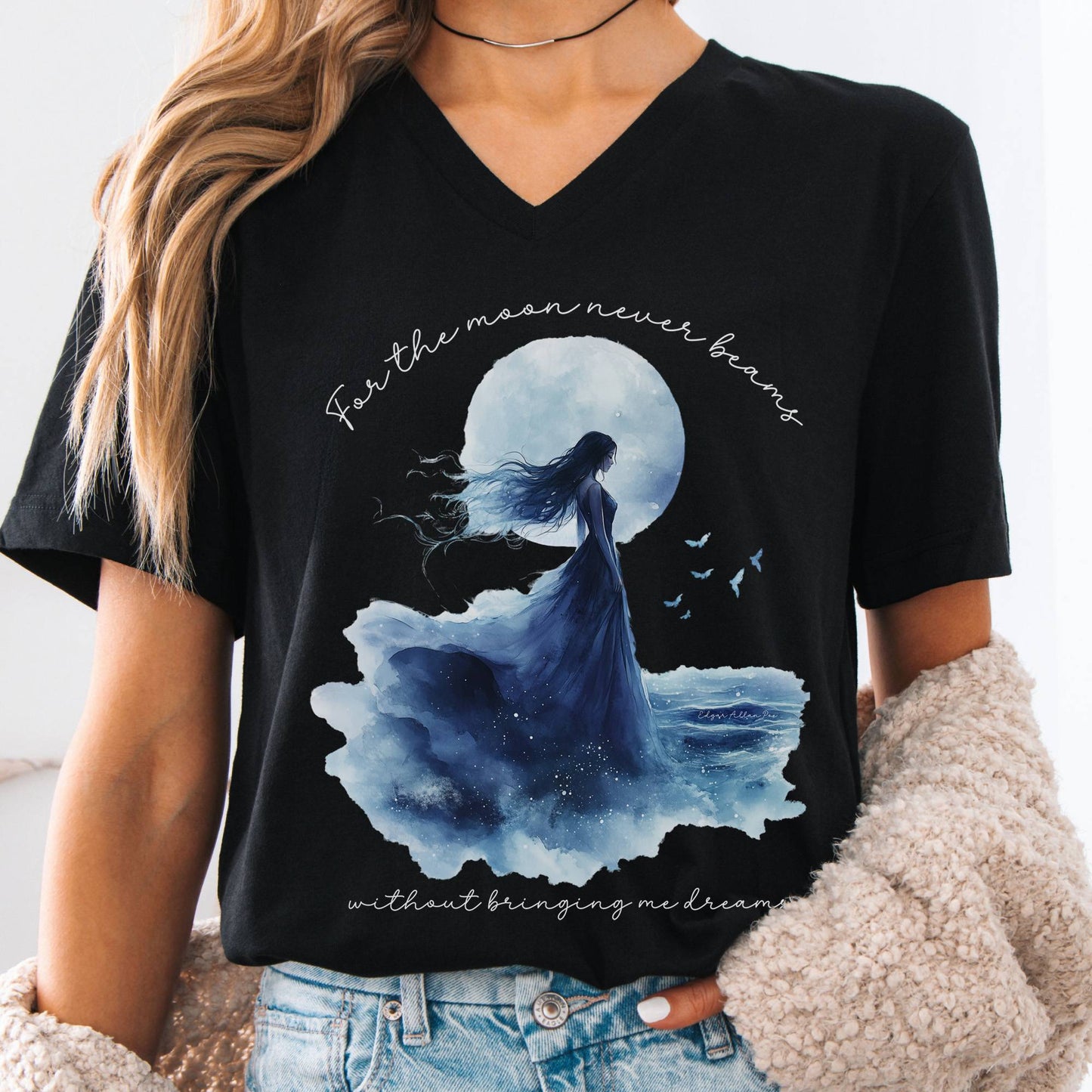 V-neck Black / S For The Moon Never Beams Without Giving Me Dreams Edgar Allan Poe V-Neck Tee The Mystic Eden