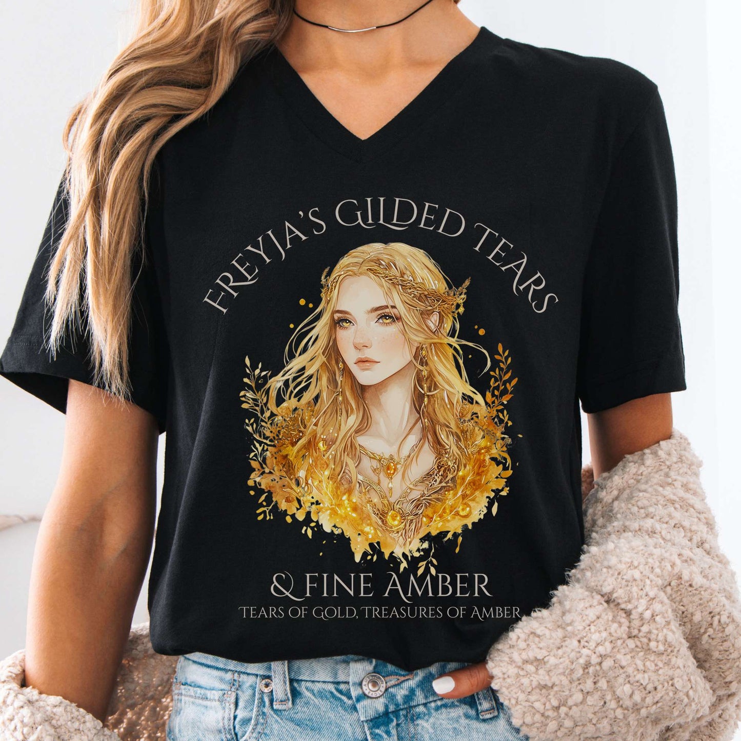 V-neck Black / S Freyja's Gilded Tears & Fine Amber V-Neck Tee The Mystic Eden