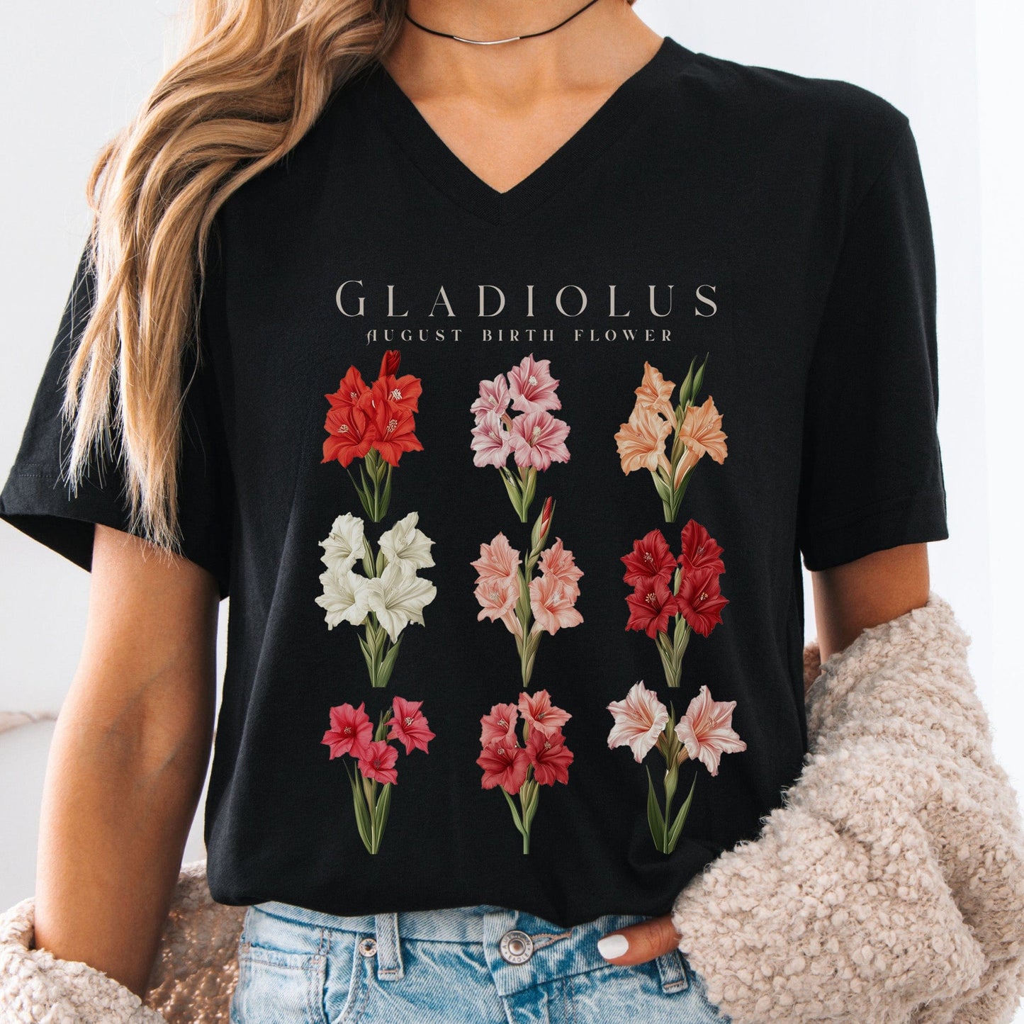 V-neck Black / S Galdiolus August Birth Month Flower V-Neck Tee The Mystic Eden