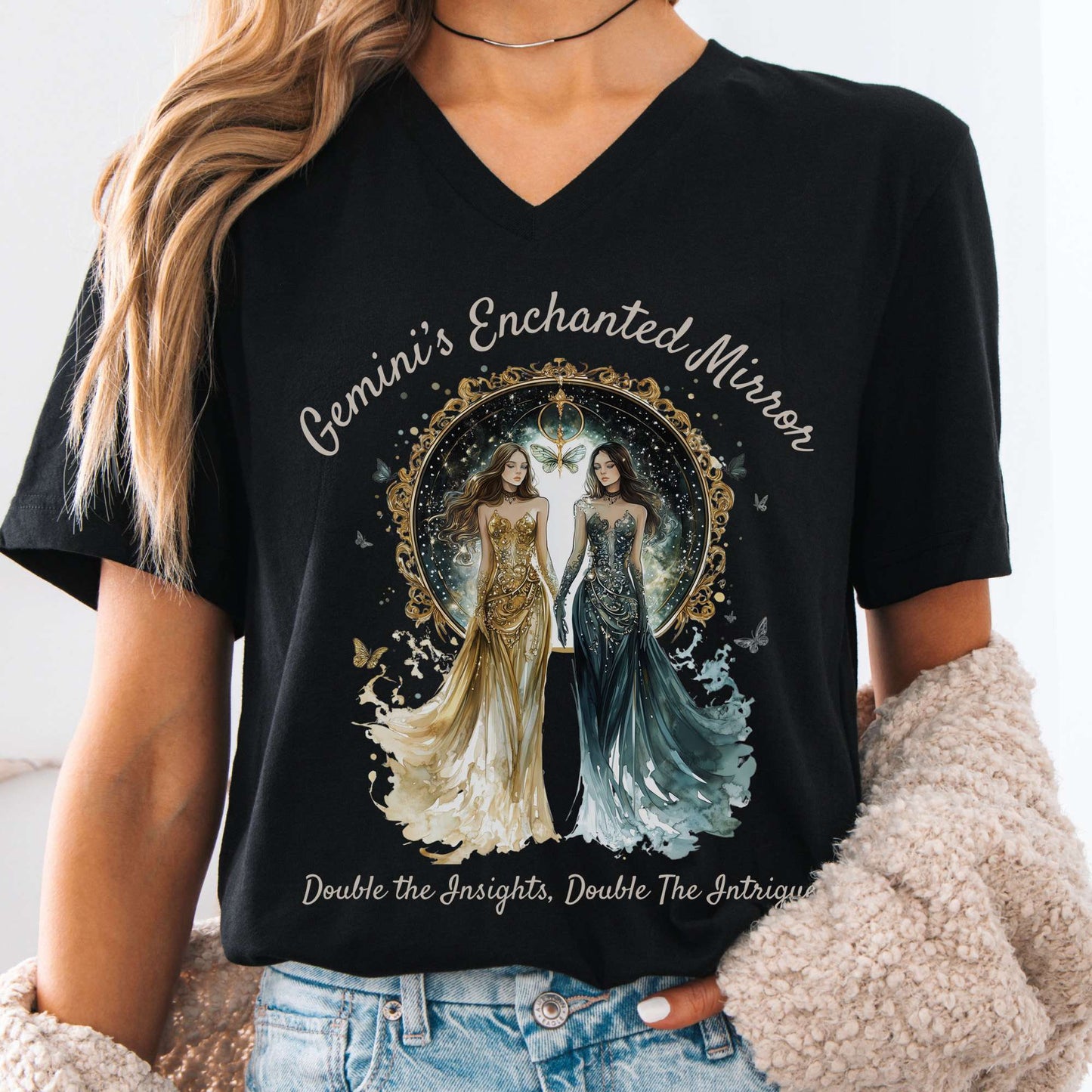 V-neck Black / S Gemini's Enchanted Mirror Zodiac V-Neck Tee The Mystic Eden