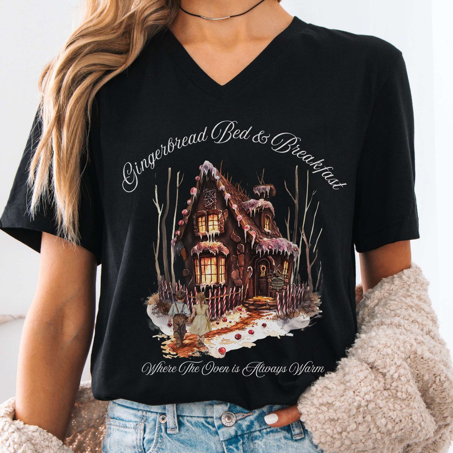 V-neck Black / S Gingerbread Bed & Breakfast Hansel & Gretel Fairytale V-Neck Tee The Mystic Eden