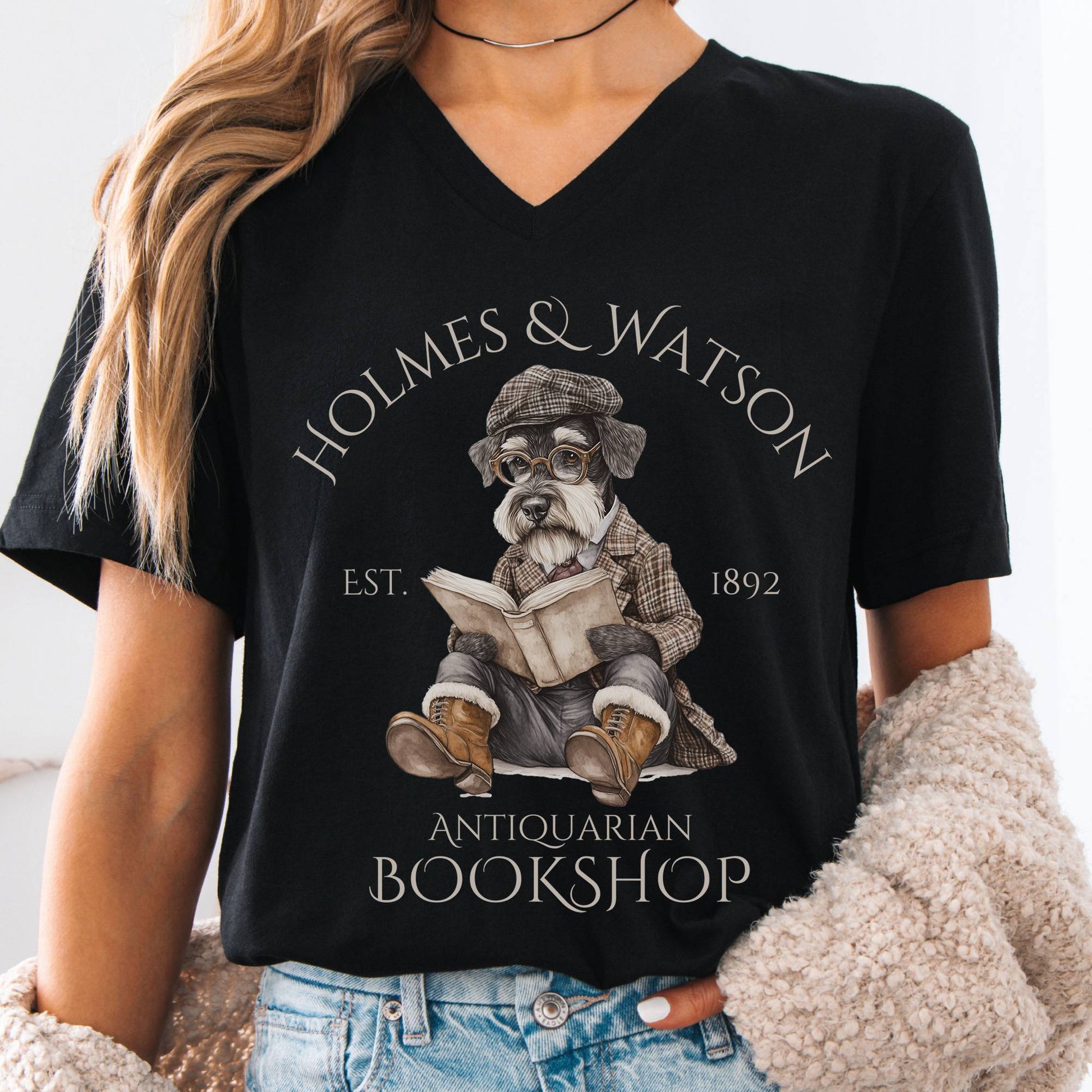 V-neck Black / S Holmes & Watson Antiquarian Bookshop Dog Sherlock V-Neck Tee The Mystic Eden