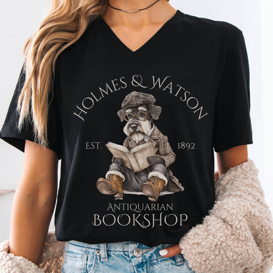 V-neck Black / S Holmes & Watson Antiquarian Bookshop Dog Sherlock V-Neck Tee The Mystic Eden