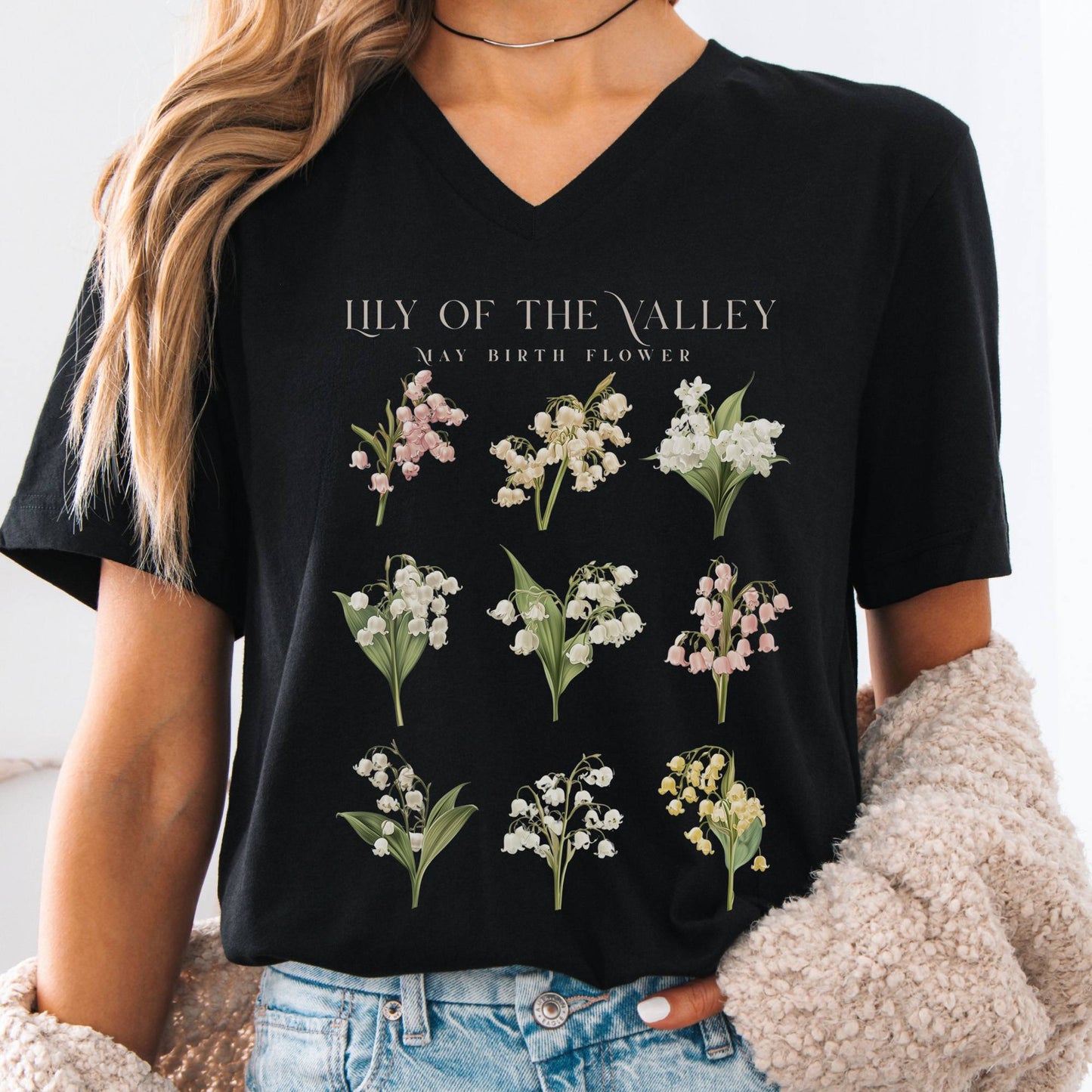 V-neck Black / S Lily of The Valley May Birth Month Flower V-Neck Tee The Mystic Eden