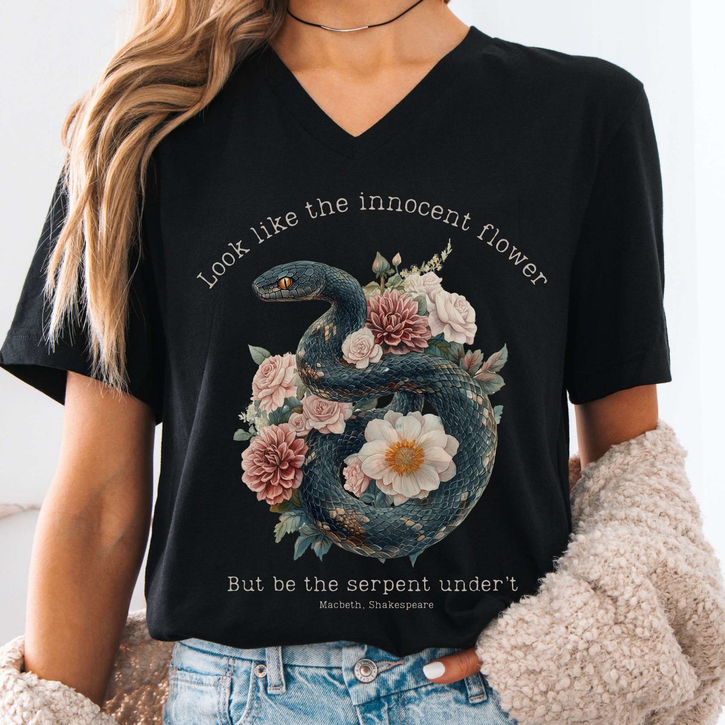 V-neck Black / S Look Like The Innocent Flower But Be The Serpent Under't Shakespeare V-Neck Tee The Mystic Eden