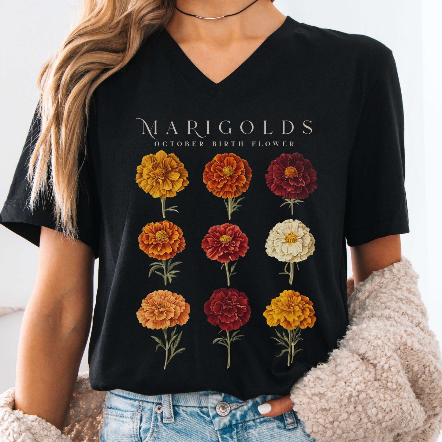 V-neck Black / S Marigolds October Birth Month Flower V-Neck Tee The Mystic Eden