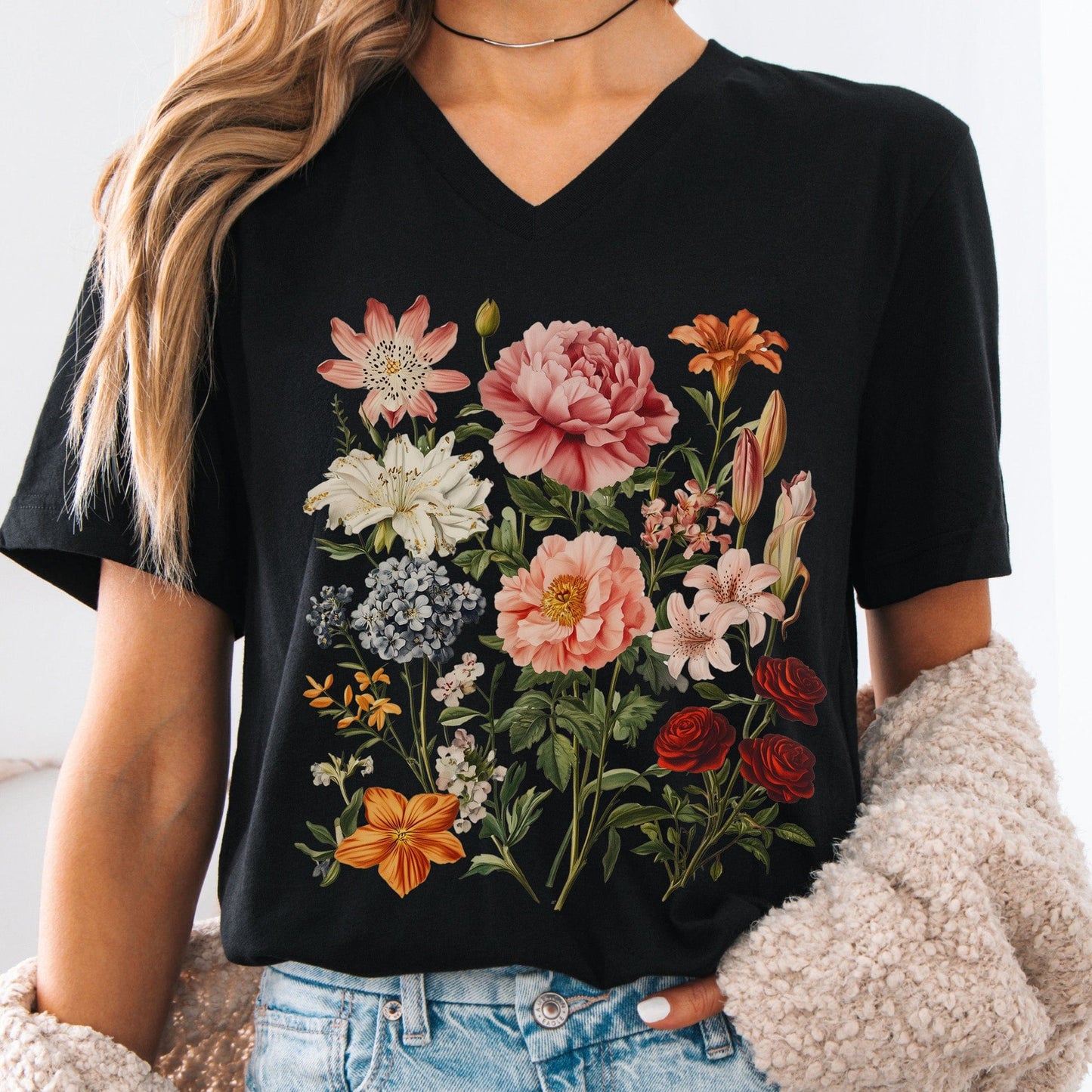 V-neck Black / S Mixed Floral V-Neck Tee The Mystic Eden