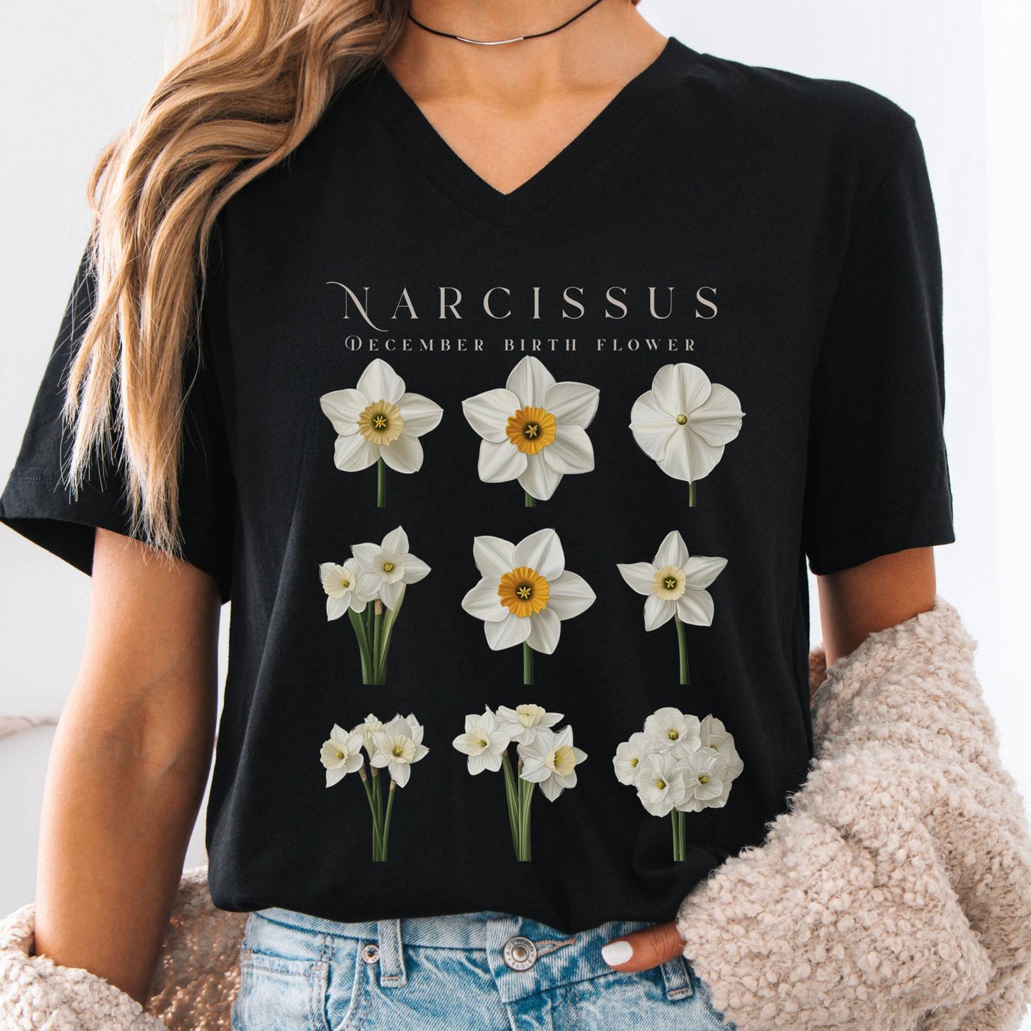 V-neck Black / S Narcissus December Birth Month Flower V-Neck Tee The Mystic Eden