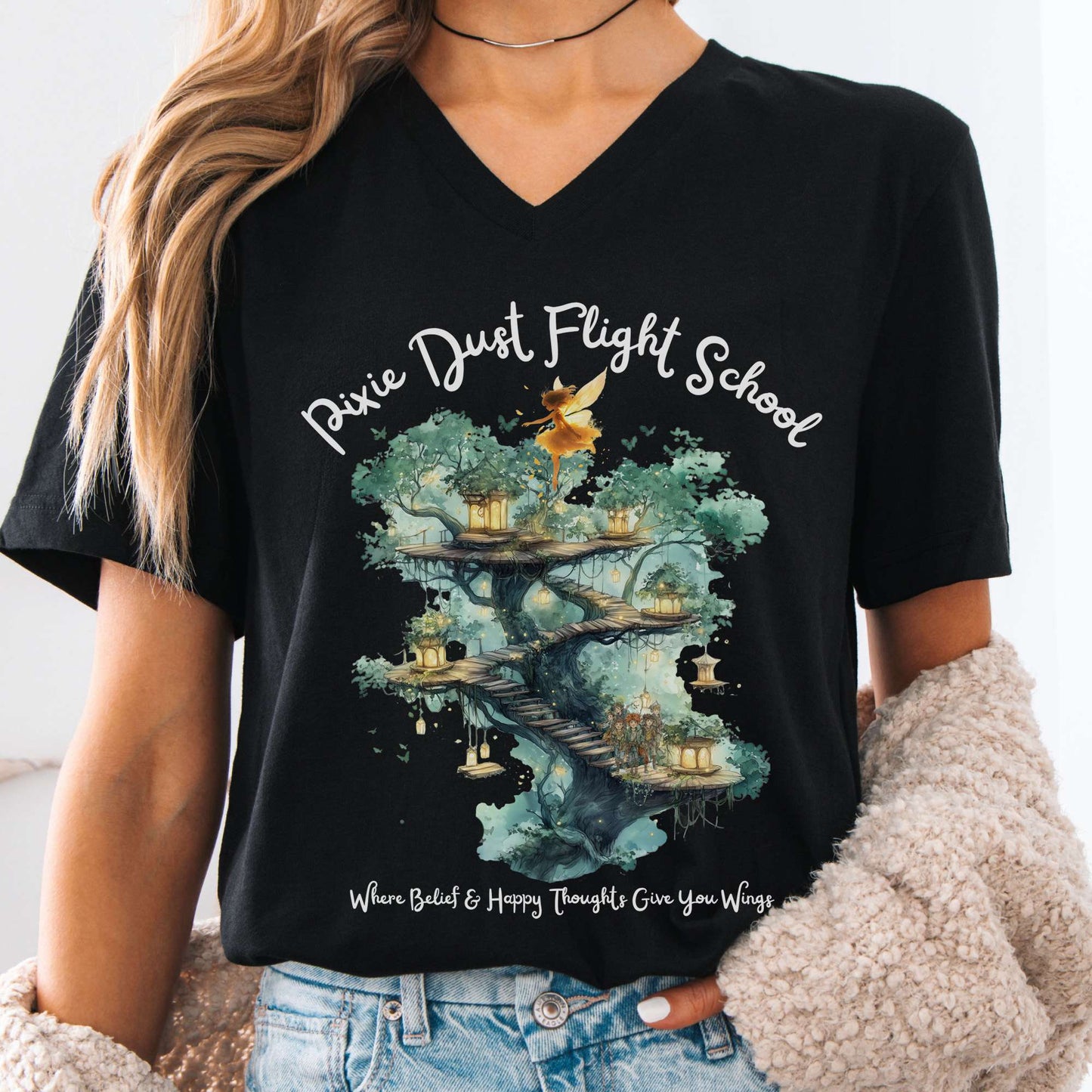 V-neck Black / S Pixie Dust Flight School J M Barrie's Peter Pan V-Neck Tee The Mystic Eden