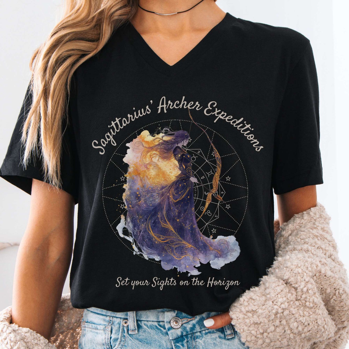 V-neck Black / S Sagittarius' Archer Expeditions Zodiac V-Neck Tee The Mystic Eden