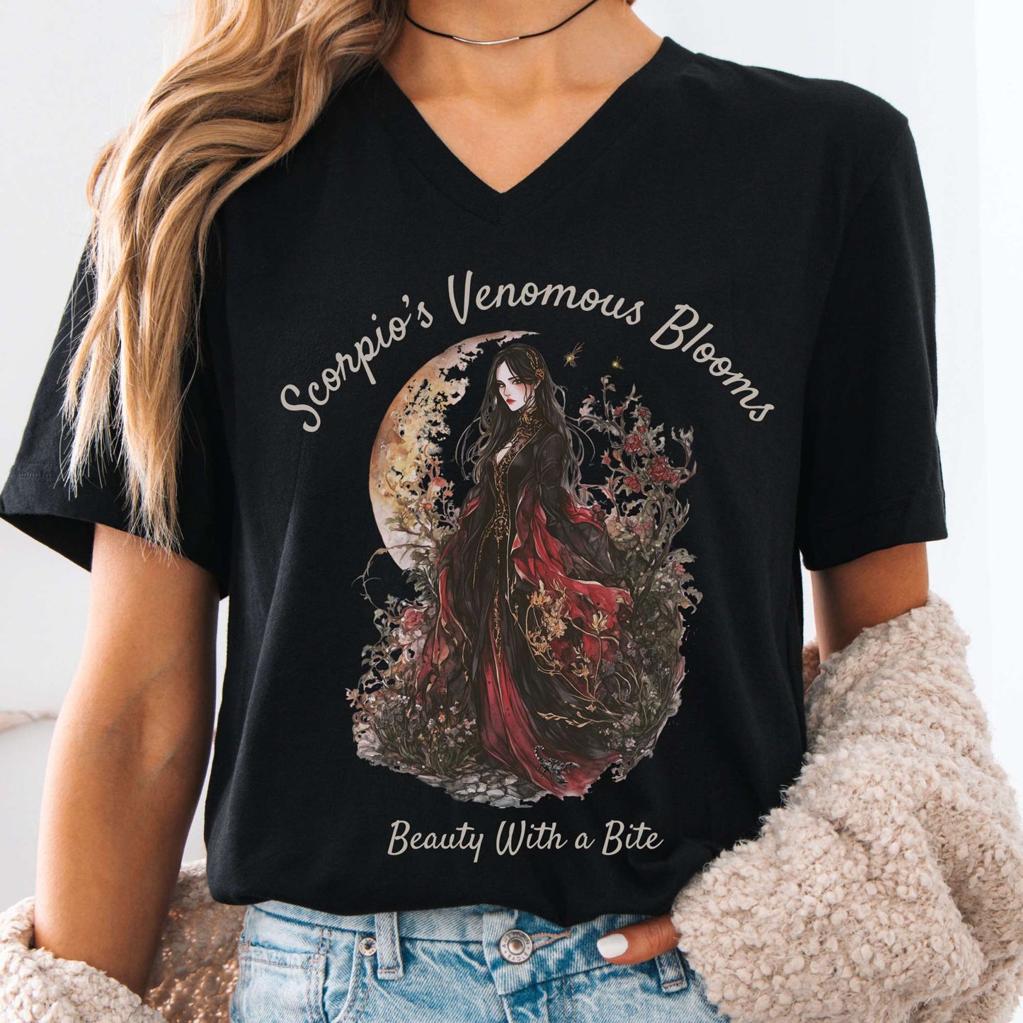 V-neck Black / S Scorpio's Venomous Blooms V-Neck Tee The Mystic Eden