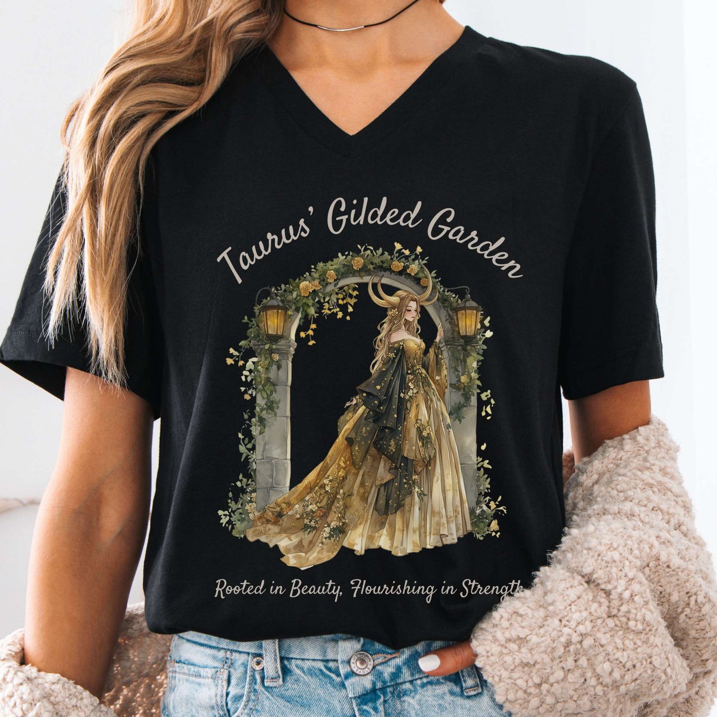 V-neck Black / S Taurus' Gilded Garden Zodiac V-Neck Tee The Mystic Eden