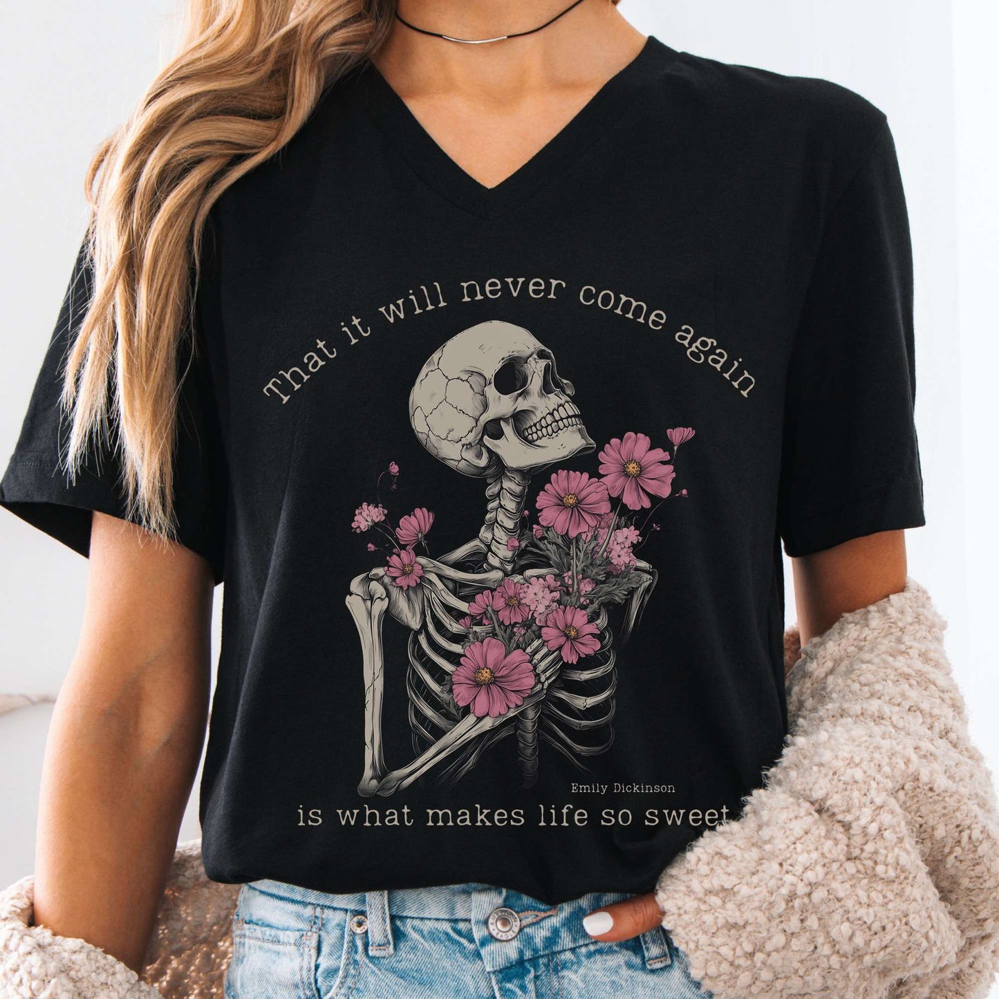 V-neck Black / S That It Will Never Come Again Is What Makes Life So Sweet Emily Dickinson V-Neck Tee The Mystic Eden
