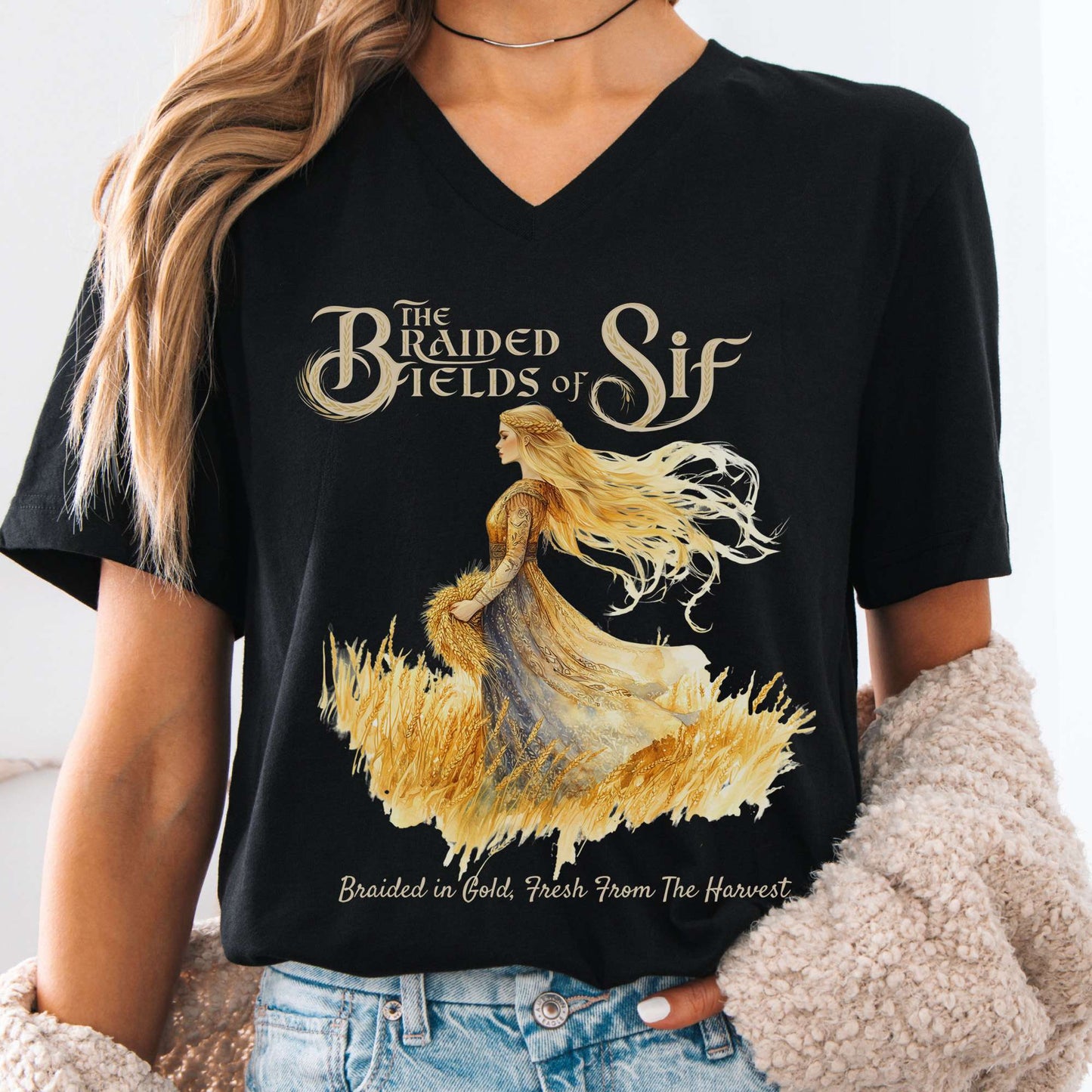 V-neck Black / S The Braided Fields of Sif Norse Mythology V-Neck Tee The Mystic Eden