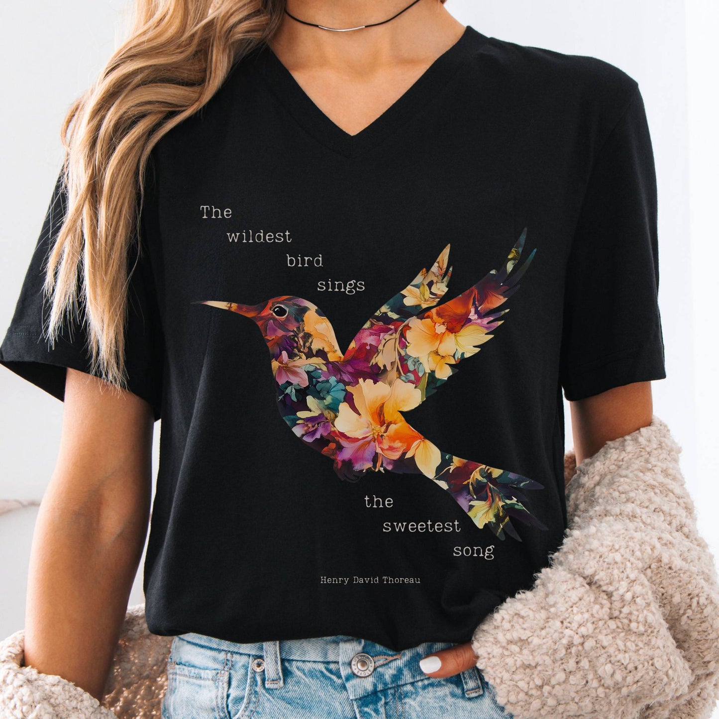 V-neck Black / S Thoreau V-neck Shirt Where The Wildest Bird Sings The Mystic Eden