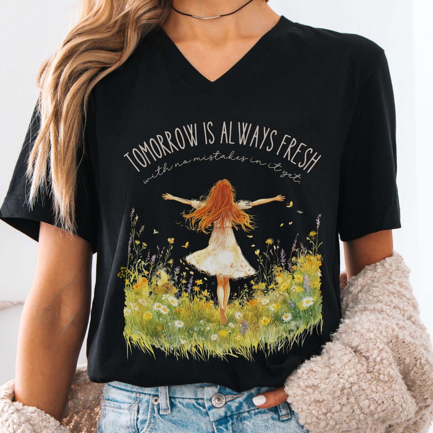 V-neck Black / S Tomorrow Is Always Fresh With No Mistakes In It yet Anne Of Green Gables V-Neck Tee The Mystic Eden