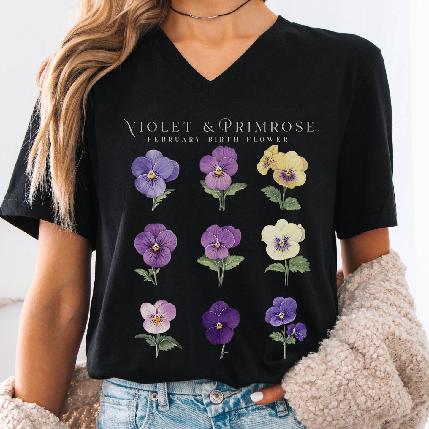 V-neck Black / S Violet & Primrose February Birth Month Flower V-Neck Tee The Mystic Eden