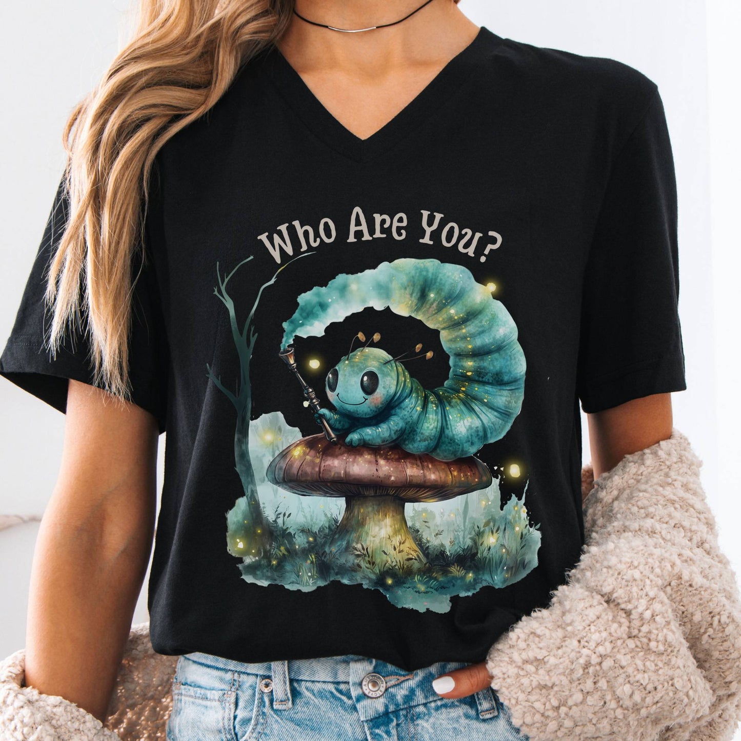 V-neck Black / S Who Are You? Caterpillar Alice's Adventures in Wonderland V-Neck Tee The Mystic Eden
