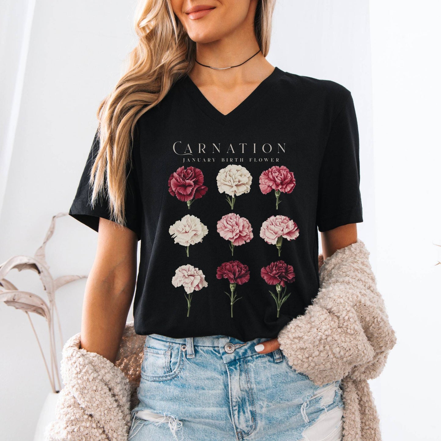 V-neck Carnation January Birth Month Flower V-Neck Tee The Mystic Eden