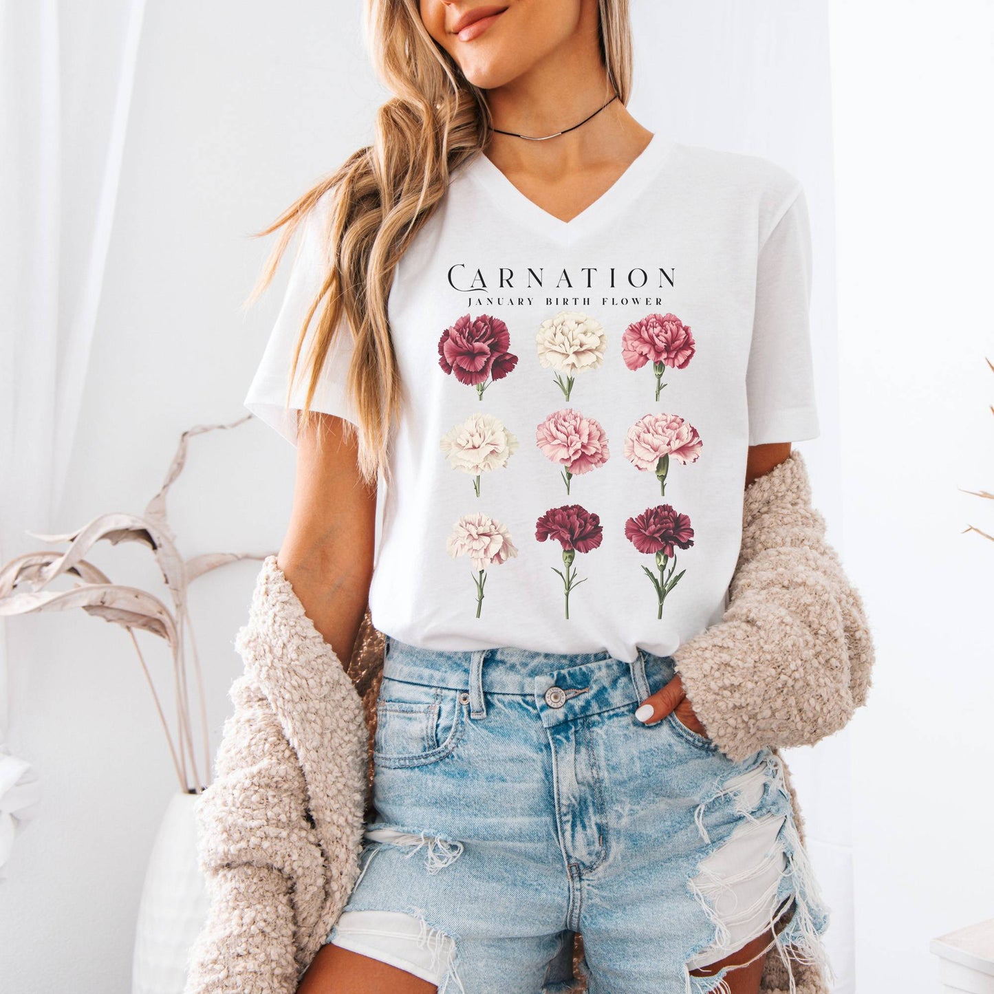 V-neck Carnation January Birth Month Flower V-Neck Tee The Mystic Eden