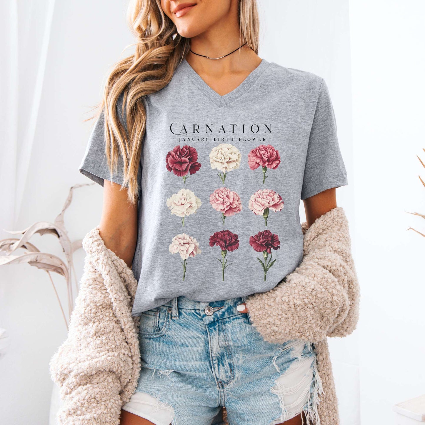 V-neck Carnation January Birth Month Flower V-Neck Tee The Mystic Eden