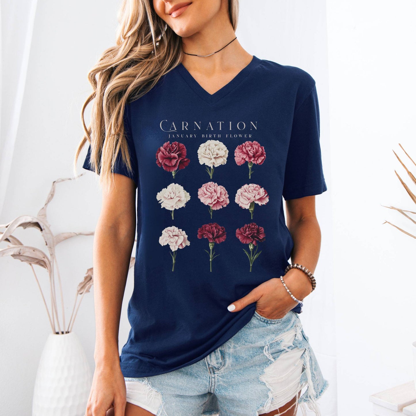 V-neck Carnation January Birth Month Flower V-Neck Tee The Mystic Eden