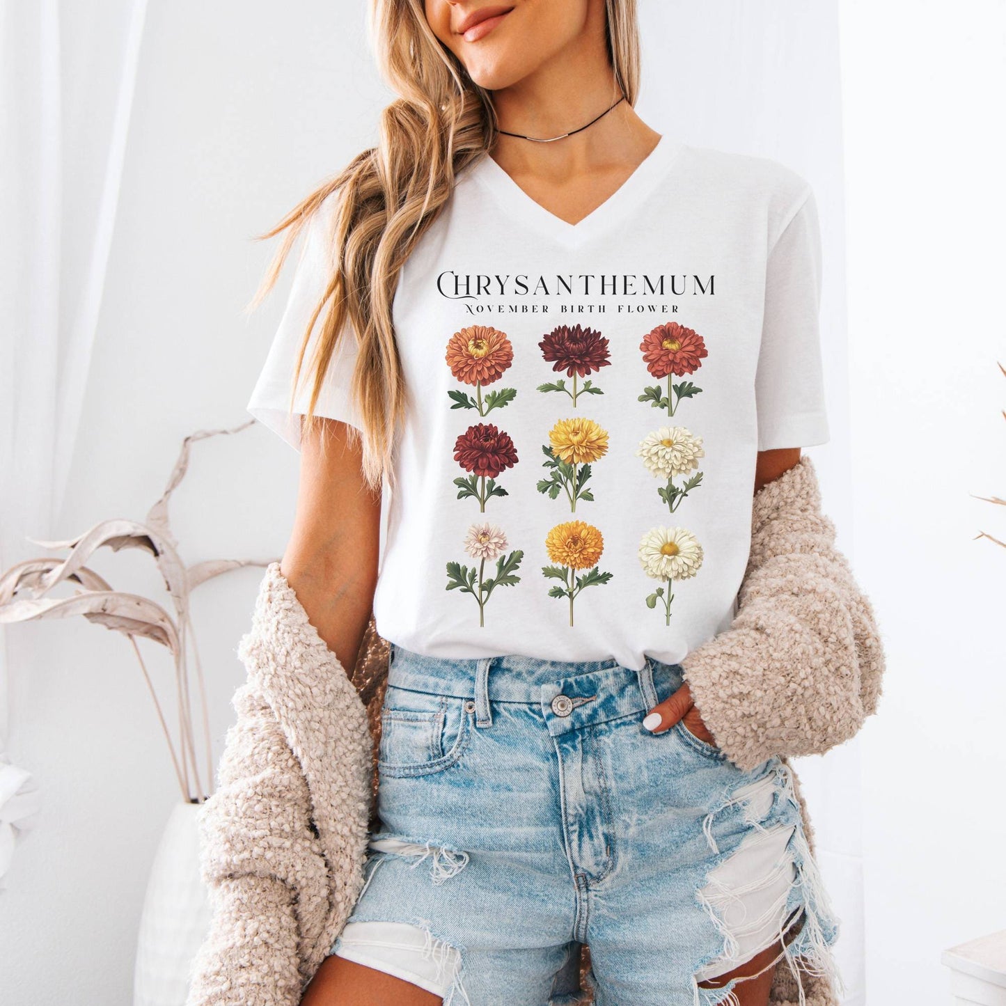 V-neck Chrysanthemum November Birth Month Flower V-Neck Tee The Mystic Eden