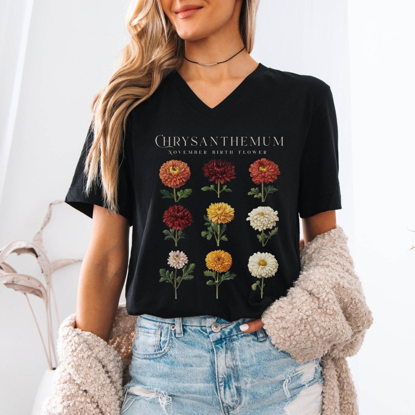 V-neck Chrysanthemum November Birth Month Flower V-Neck Tee The Mystic Eden