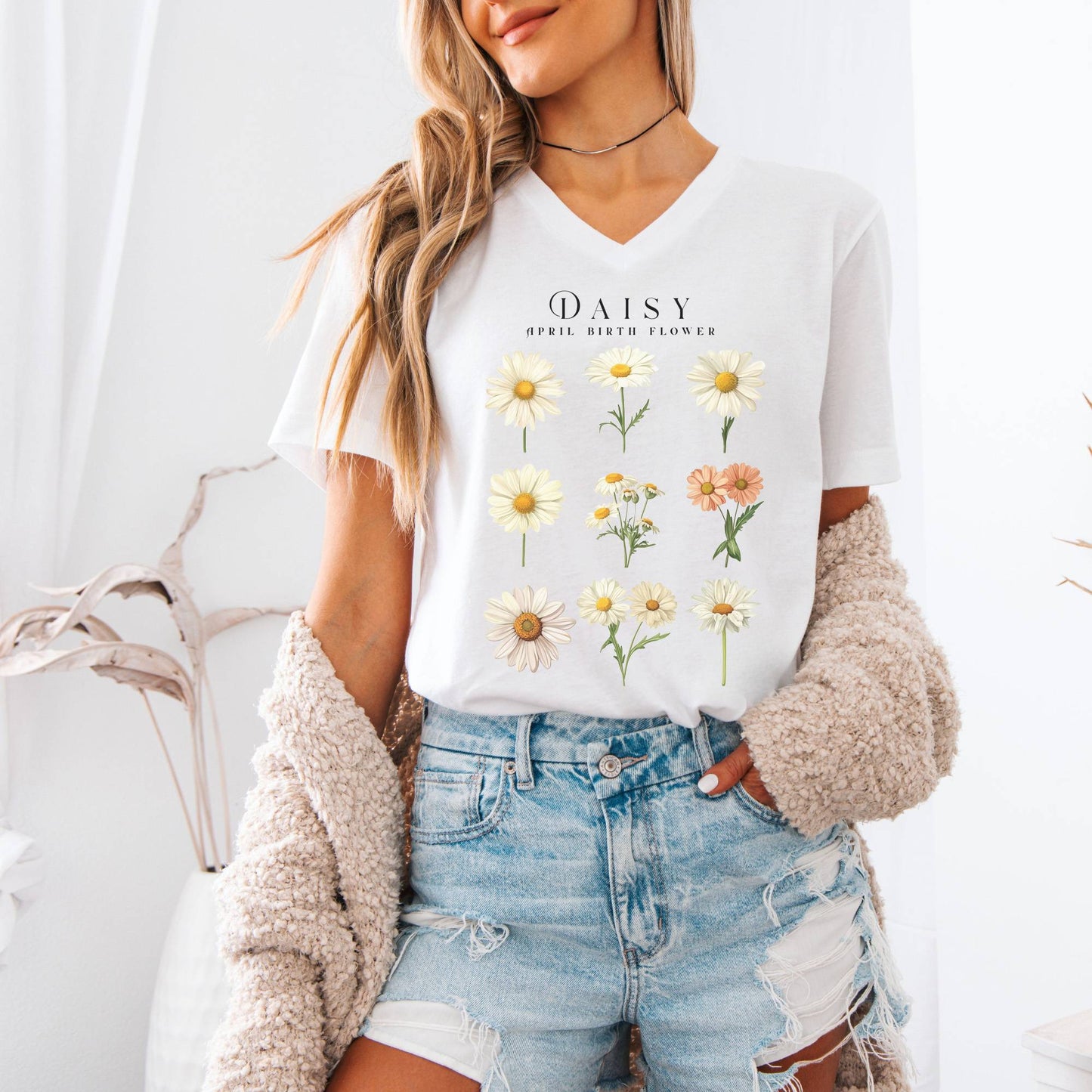 V-neck Daisy April Birth Month Flower V-Neck Tee The Mystic Eden