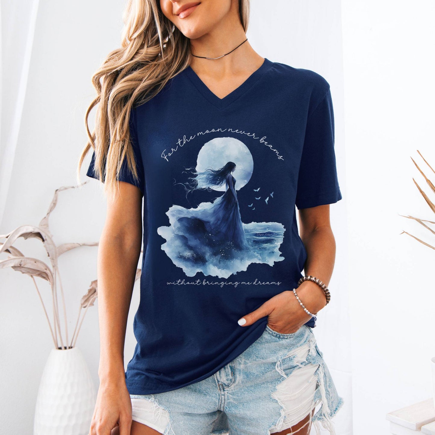 V-neck For The Moon Never Beams Without Giving Me Dreams Edgar Allan Poe V-Neck Tee The Mystic Eden