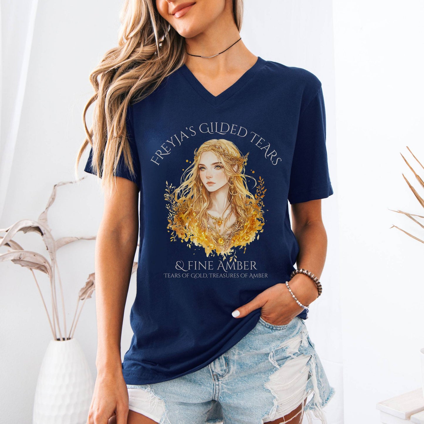 V-neck Freyja's Gilded Tears & Fine Amber V-Neck Tee The Mystic Eden