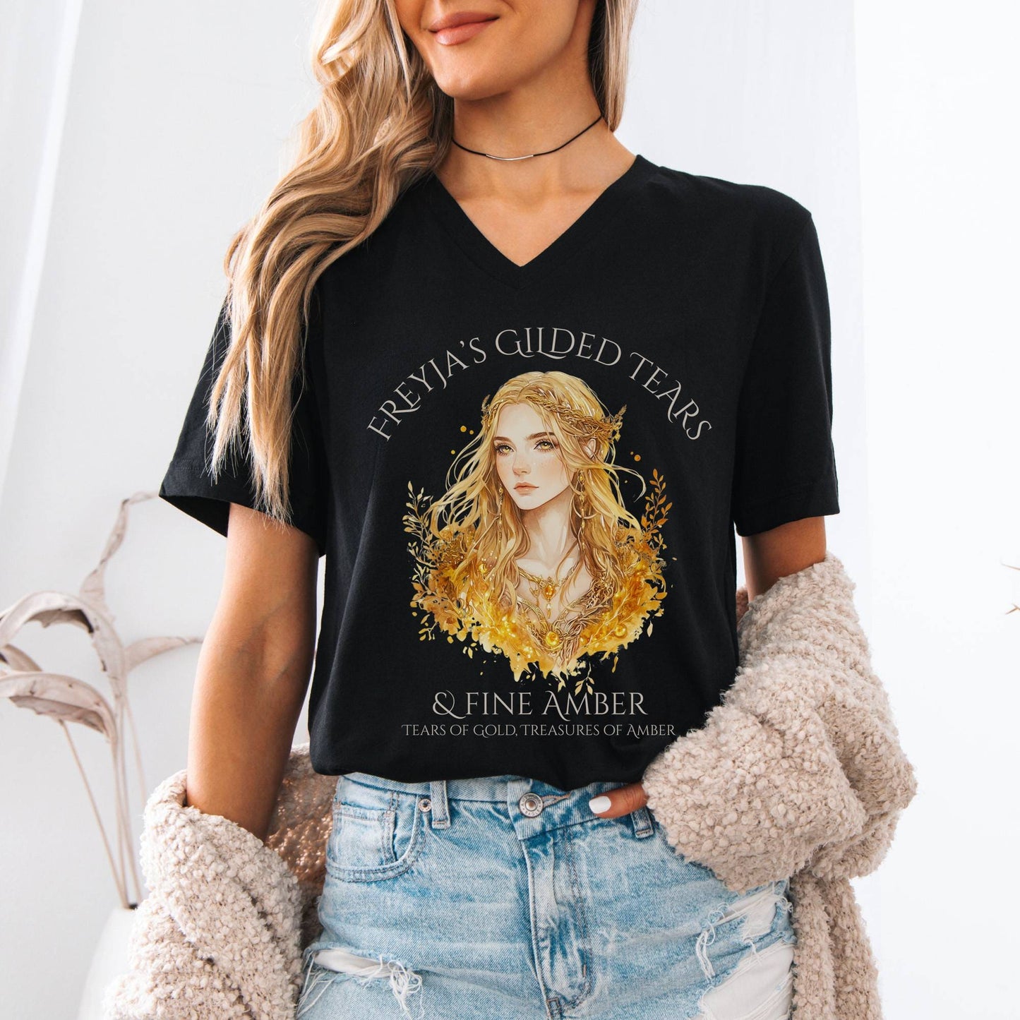 V-neck Freyja's Gilded Tears & Fine Amber V-Neck Tee The Mystic Eden