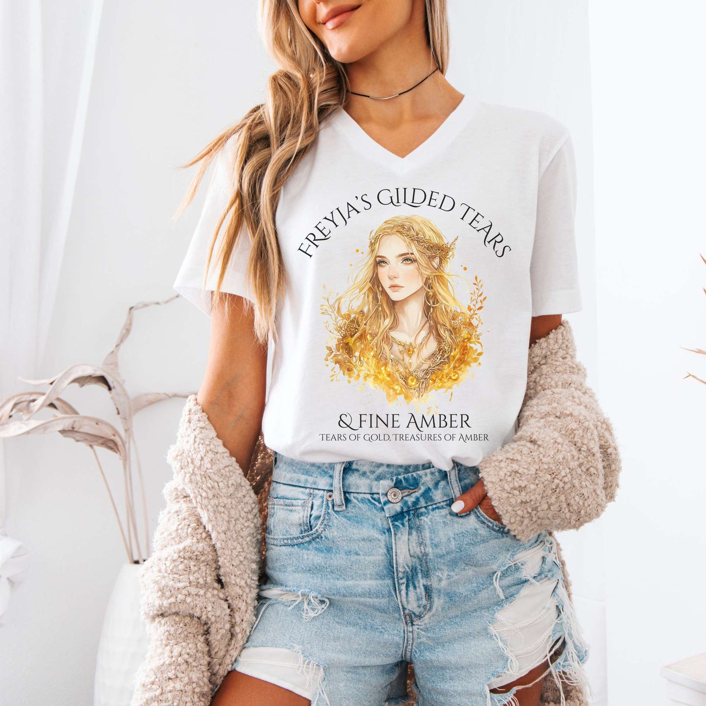 V-neck Freyja's Gilded Tears & Fine Amber V-Neck Tee The Mystic Eden