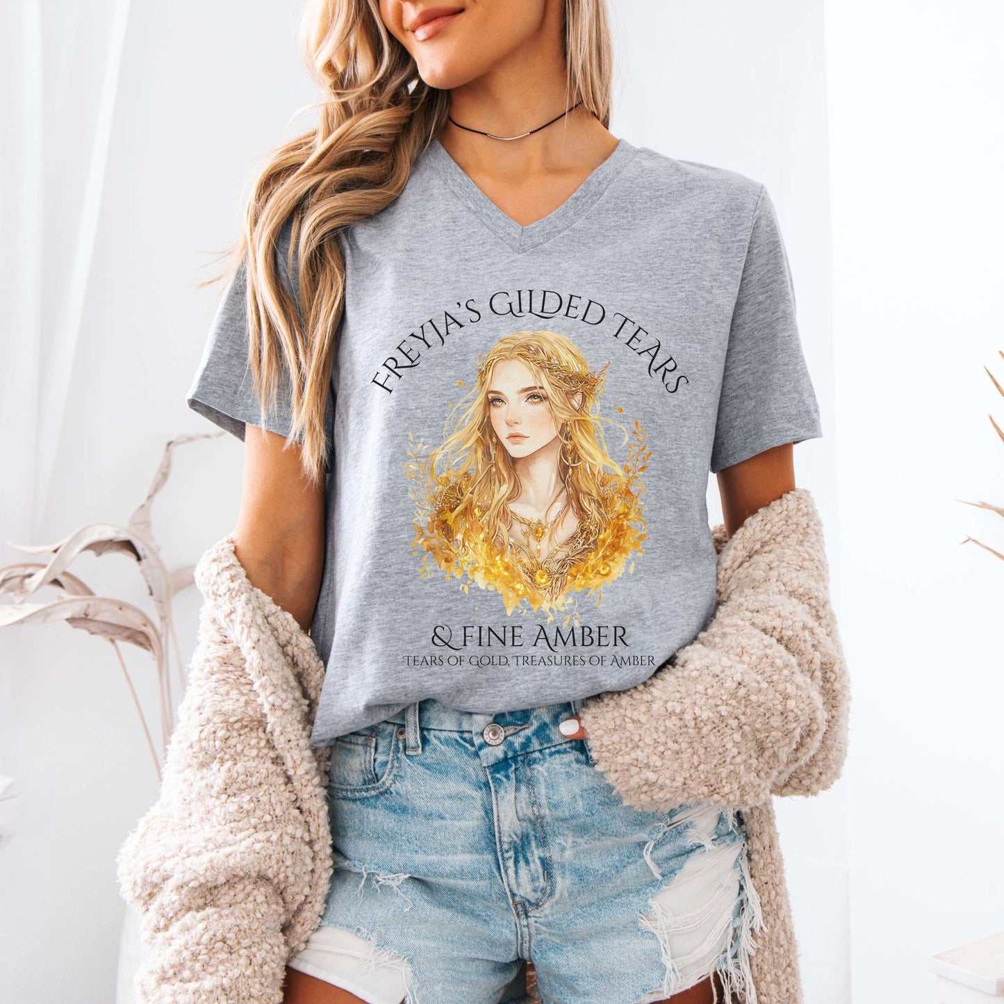 V-neck Freyja's Gilded Tears & Fine Amber V-Neck Tee The Mystic Eden