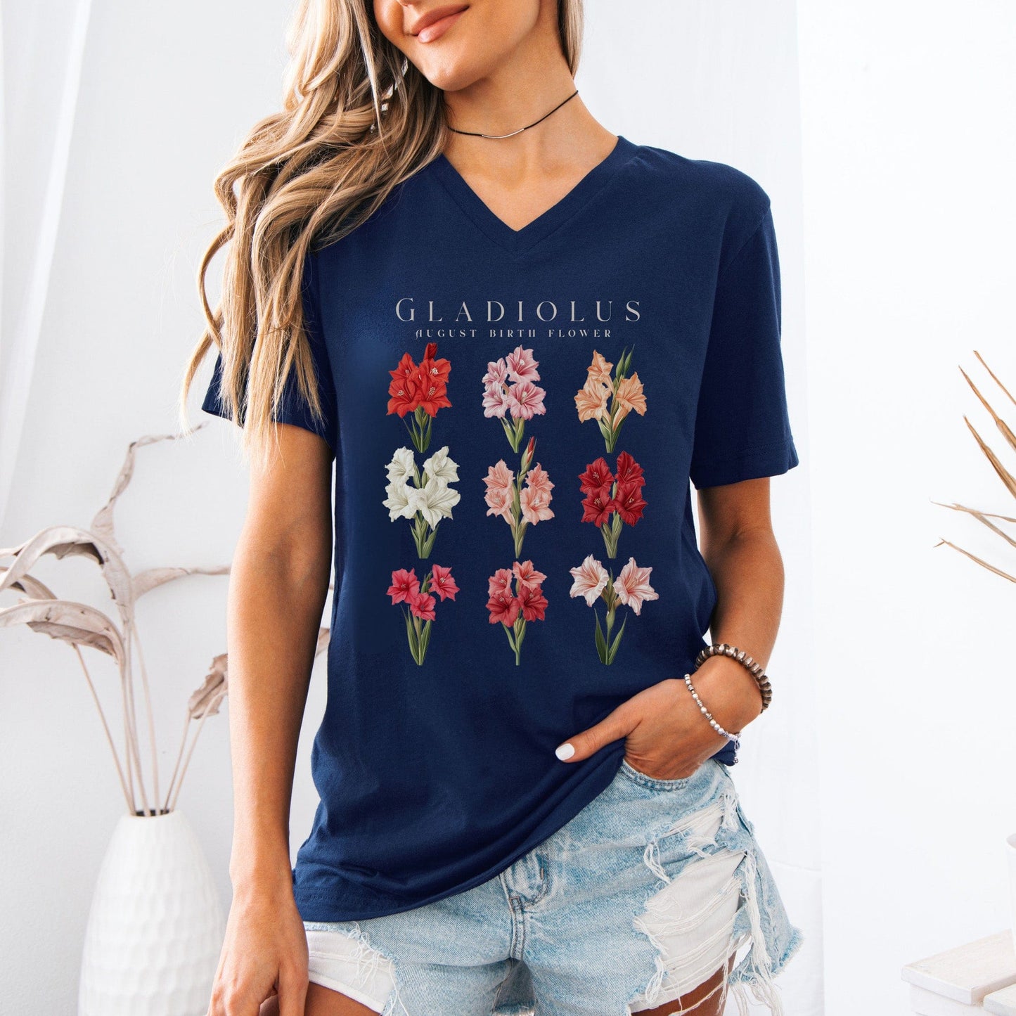 V-neck Galdiolus August Birth Month Flower V-Neck Tee The Mystic Eden