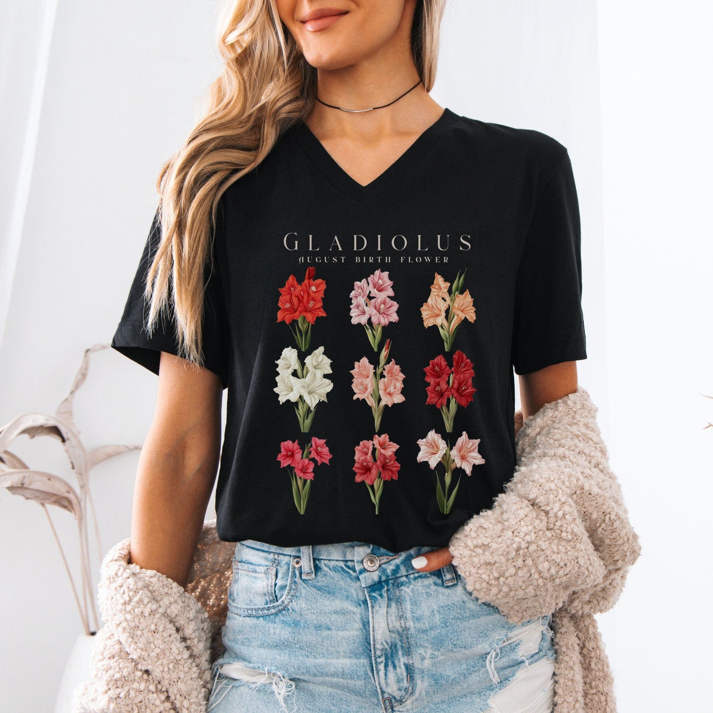 V-neck Galdiolus August Birth Month Flower V-Neck Tee The Mystic Eden