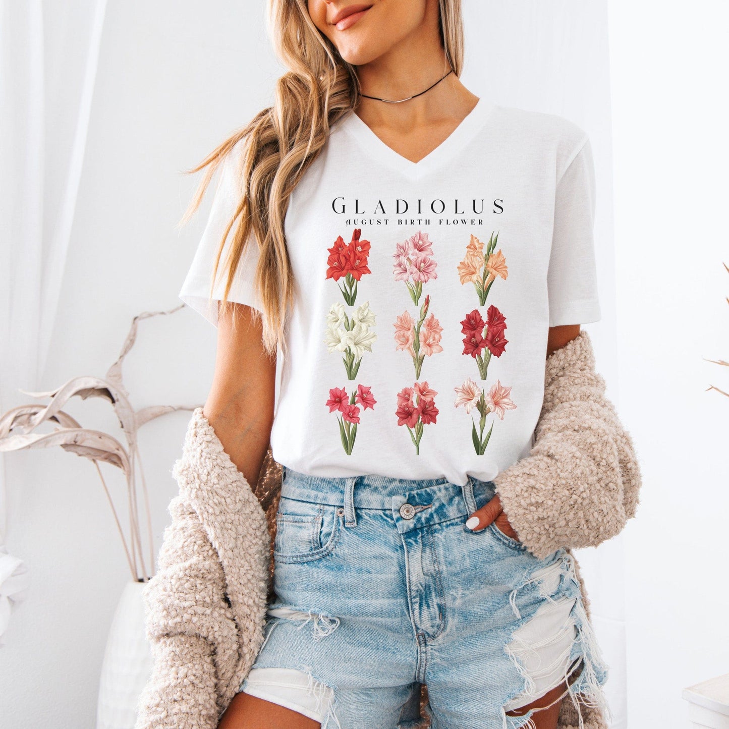 V-neck Galdiolus August Birth Month Flower V-Neck Tee The Mystic Eden