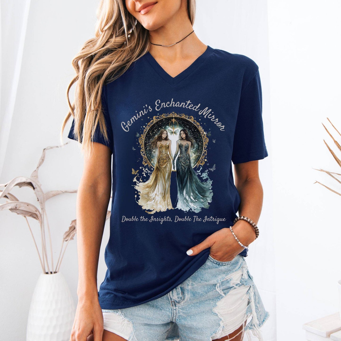 V-neck Gemini's Enchanted Mirror Zodiac V-Neck Tee The Mystic Eden