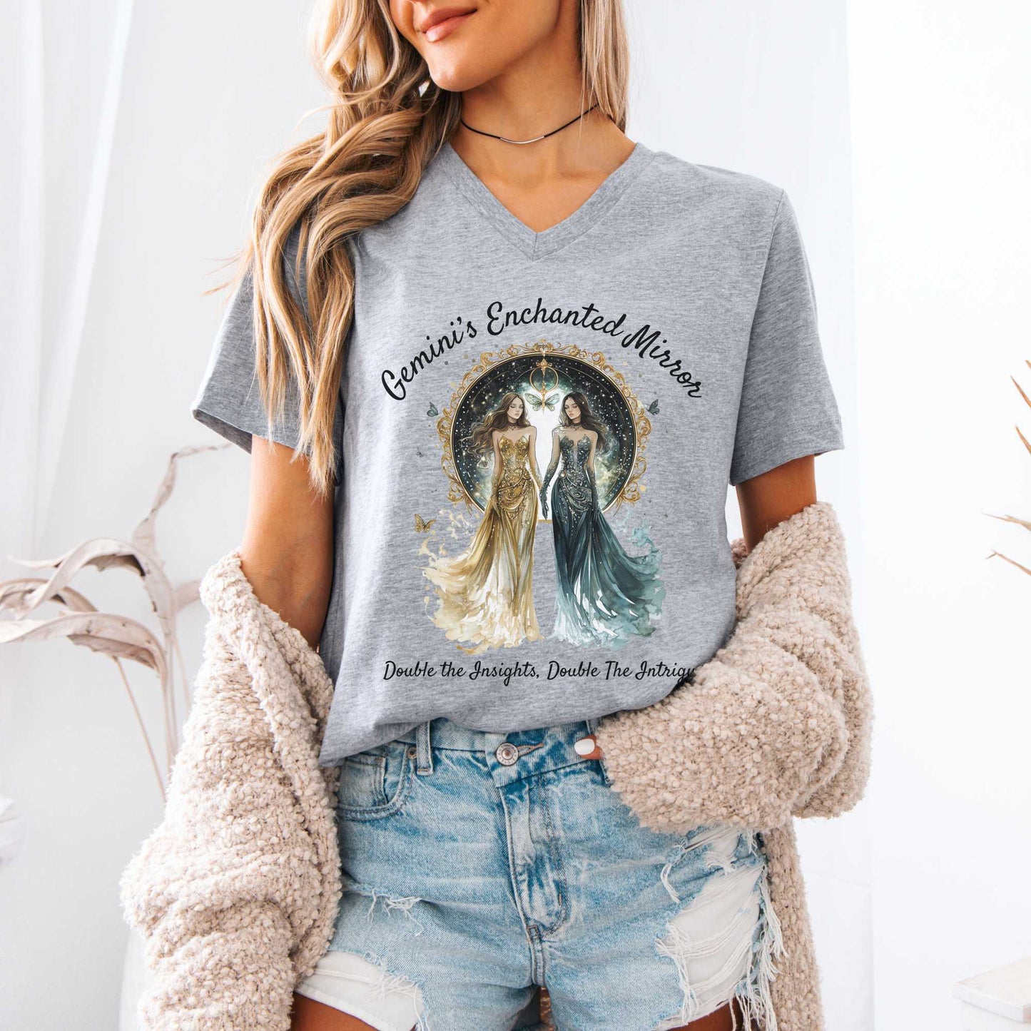 V-neck Gemini's Enchanted Mirror Zodiac V-Neck Tee The Mystic Eden
