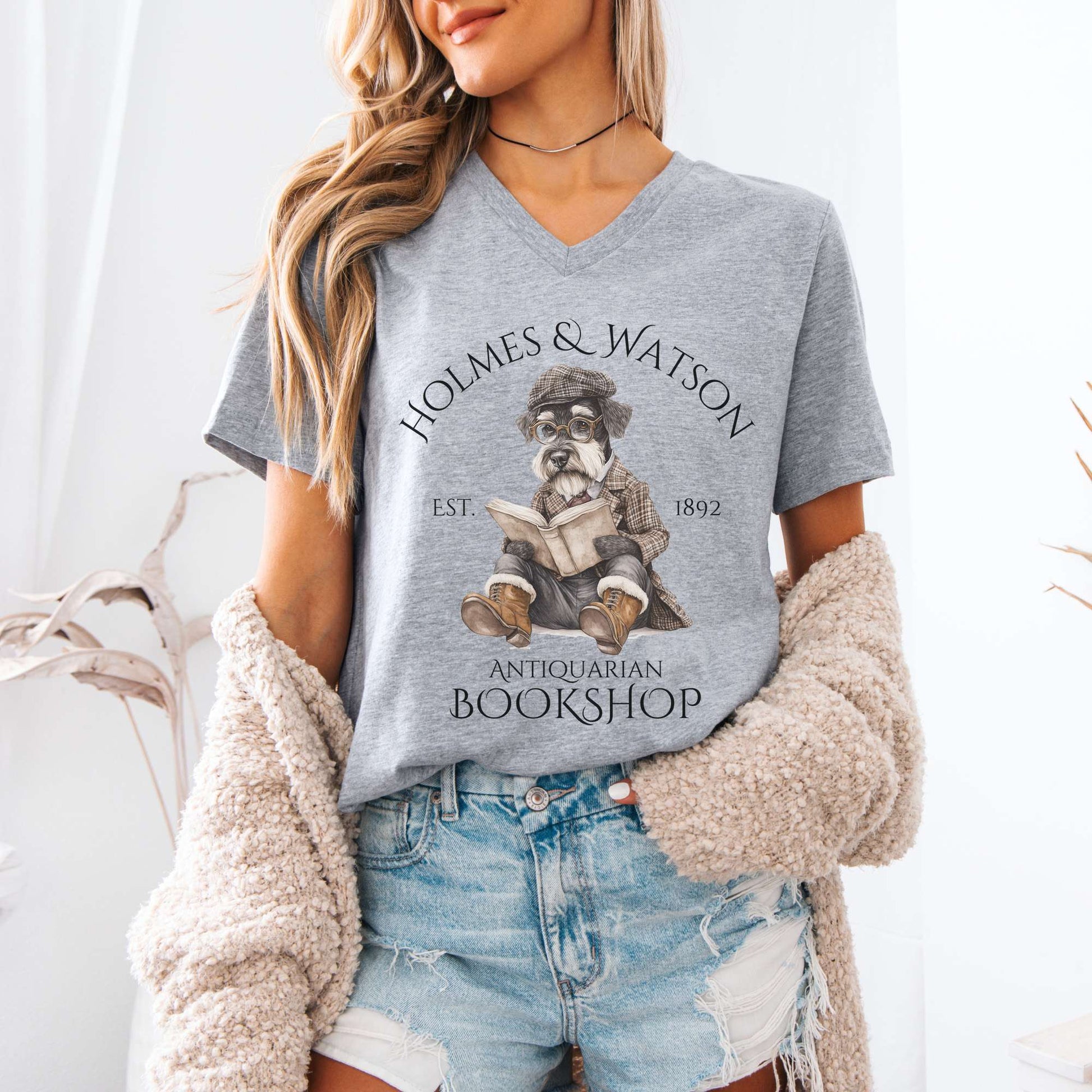 V-neck Holmes & Watson Antiquarian Bookshop Dog Sherlock V-Neck Tee The Mystic Eden