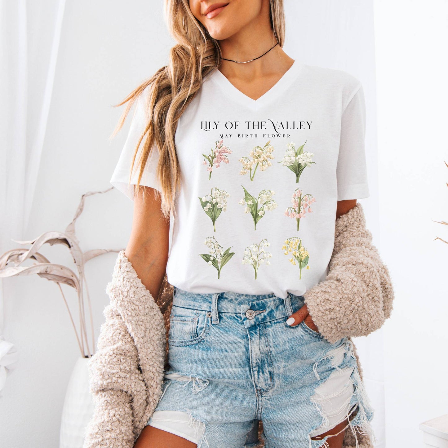 V-neck Lily of The Valley May Birth Month Flower V-Neck Tee The Mystic Eden