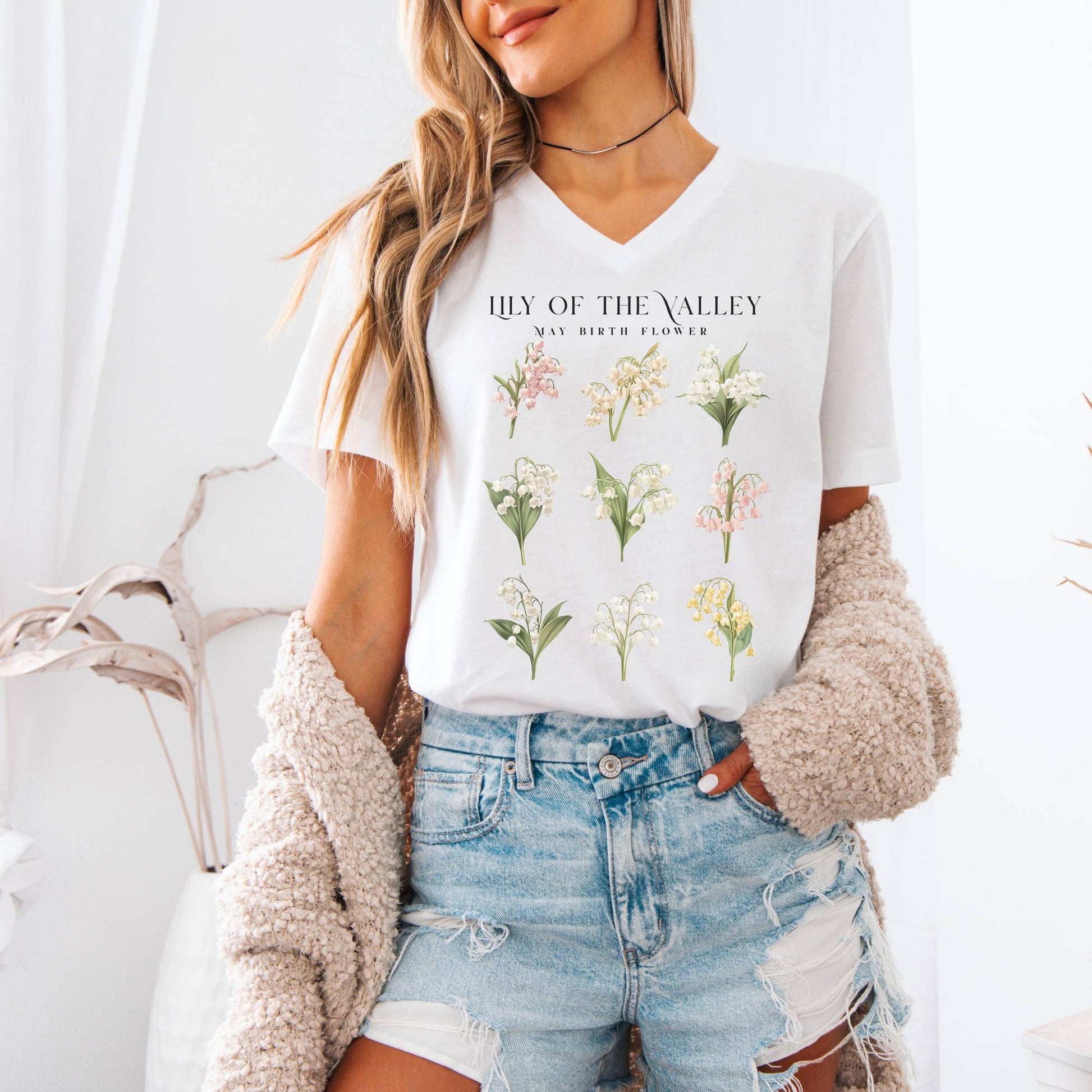 V-neck Lily of The Valley May Birth Month Flower V-Neck Tee The Mystic Eden