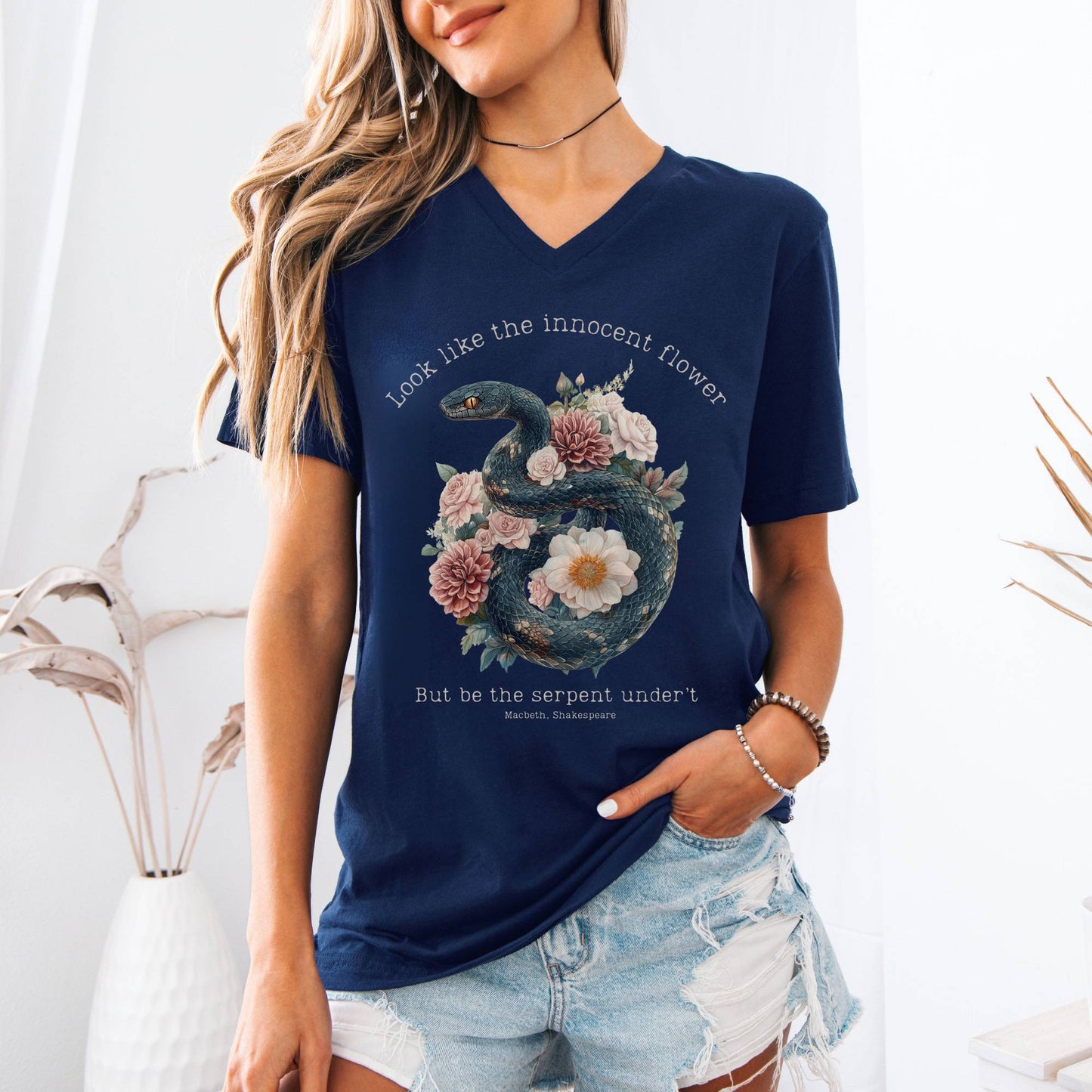 V-neck Look Like The Innocent Flower But Be The Serpent Under't Shakespeare V-Neck Tee The Mystic Eden