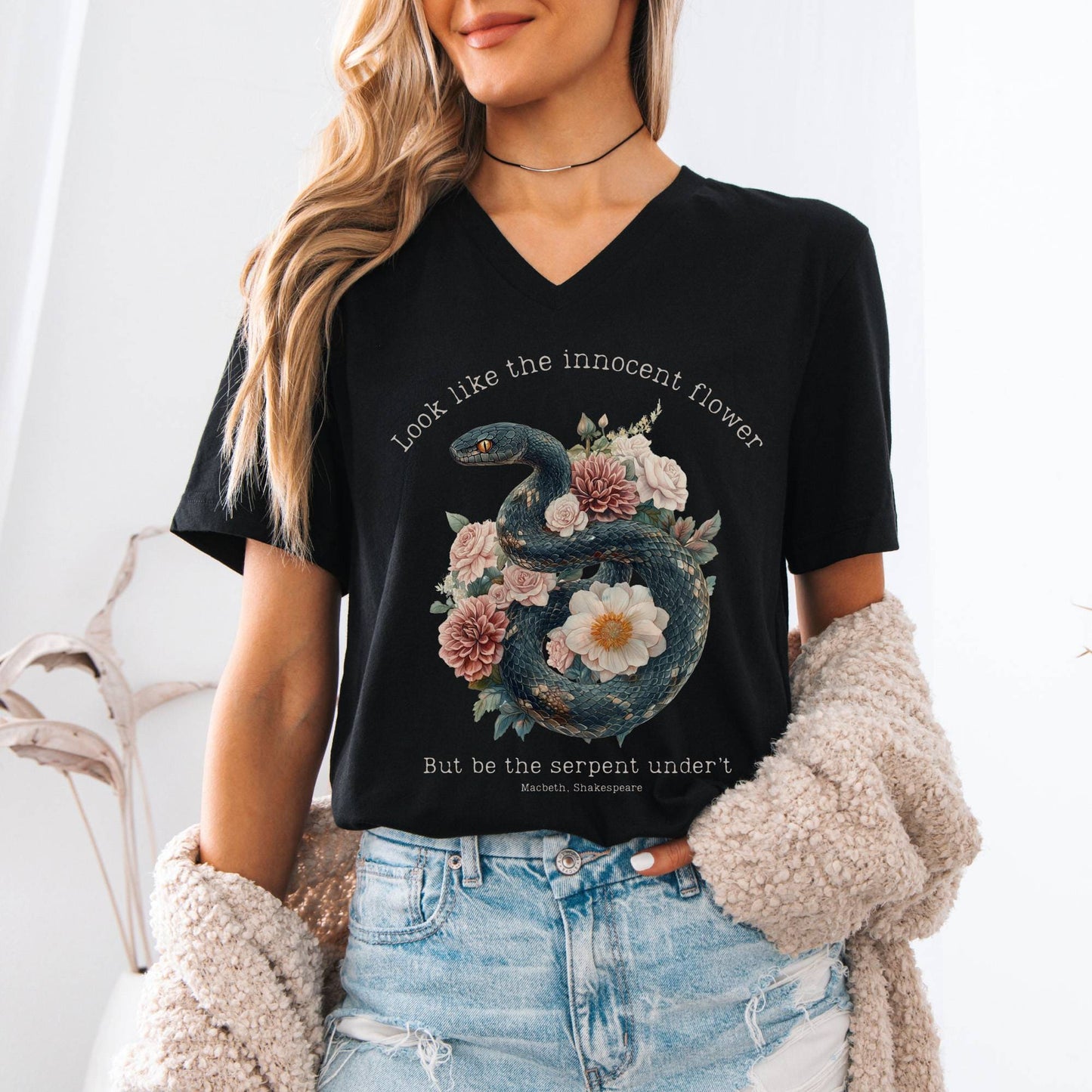 V-neck Look Like The Innocent Flower But Be The Serpent Under't Shakespeare V-Neck Tee The Mystic Eden