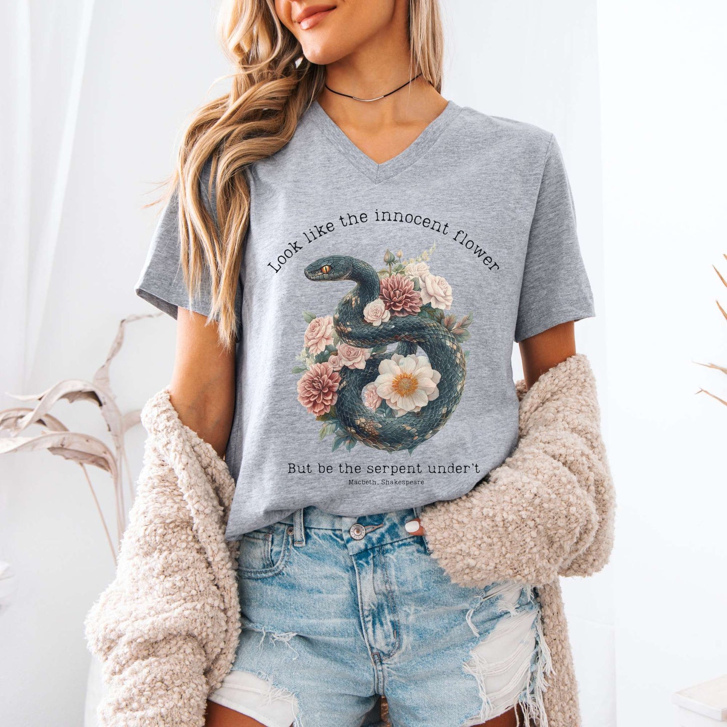 V-neck Look Like The Innocent Flower But Be The Serpent Under't Shakespeare V-Neck Tee The Mystic Eden
