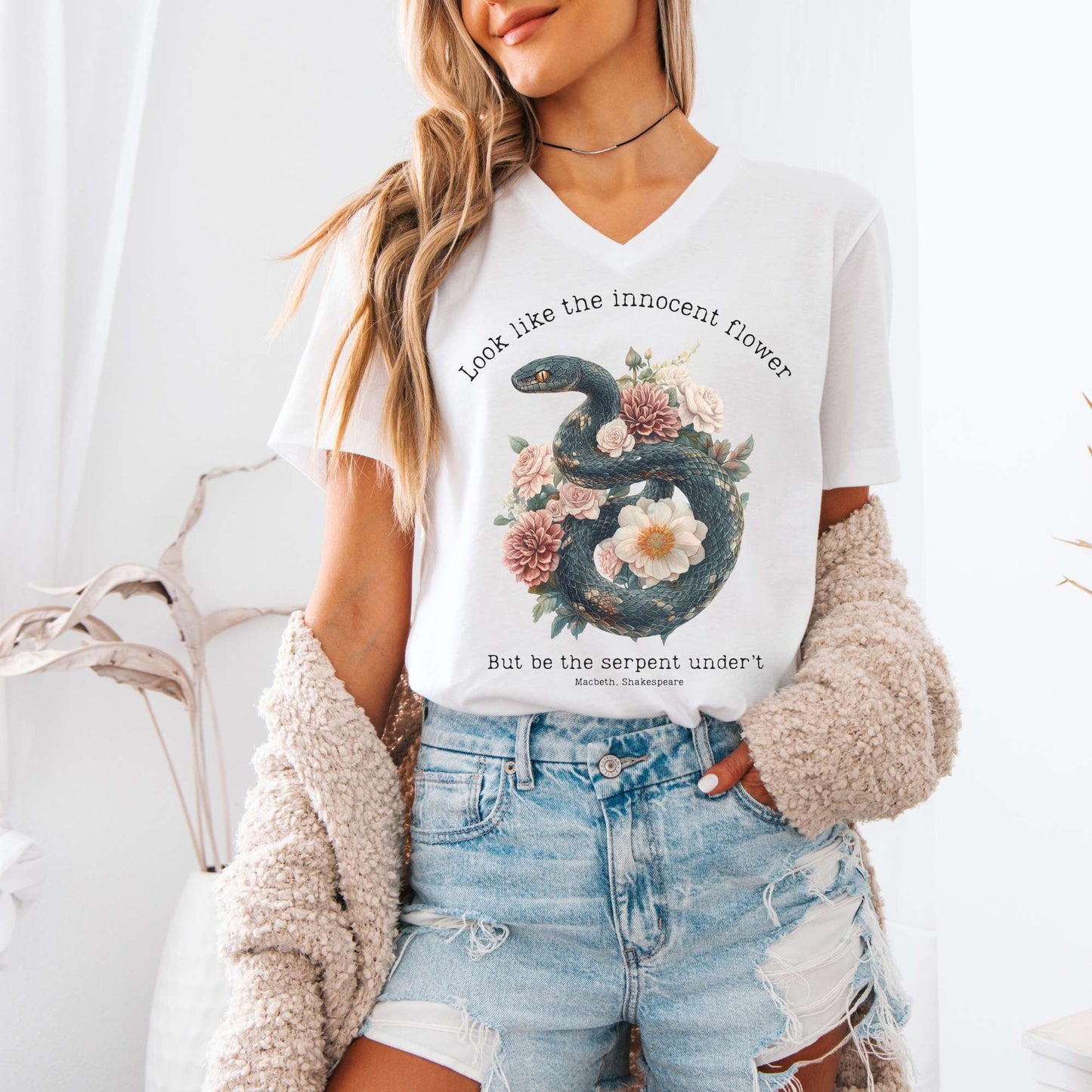 V-neck Look Like The Innocent Flower But Be The Serpent Under't Shakespeare V-Neck Tee The Mystic Eden